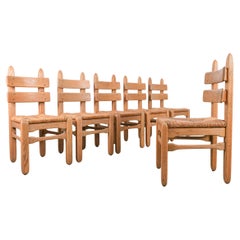 Set of 6 De Puydt Brutalist Heavy Oak And Rope Dining Chairs, 1950