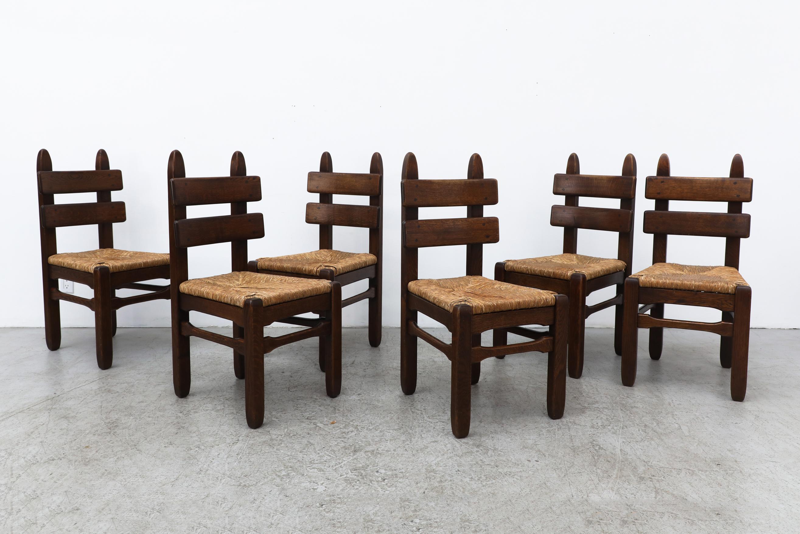 Mid-Century Modern Set of 6 De Puydt Brutalist Heavy Oak Dining Chairs