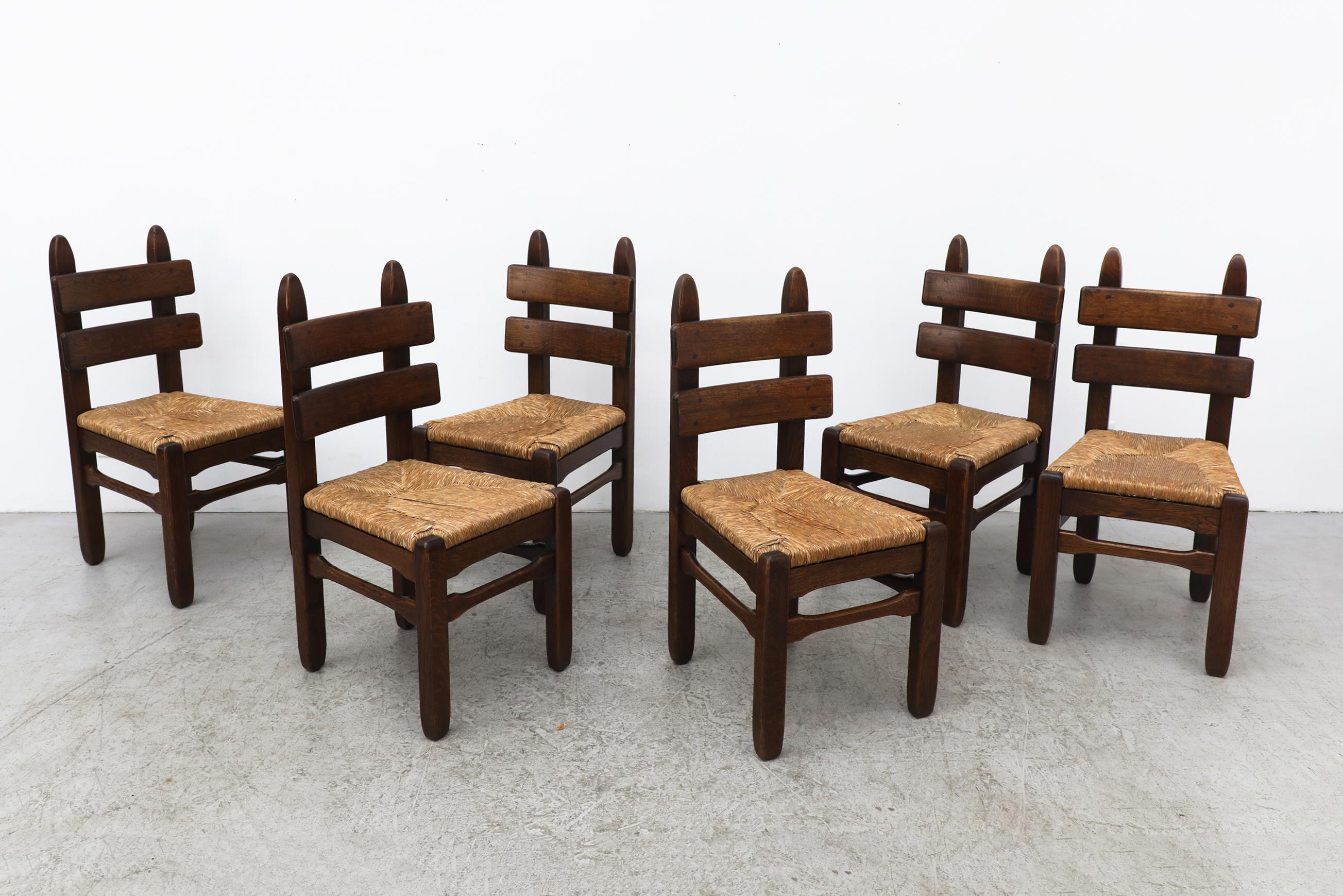 Belgian Set of 6 De Puydt Brutalist Heavy Oak Dining Chairs