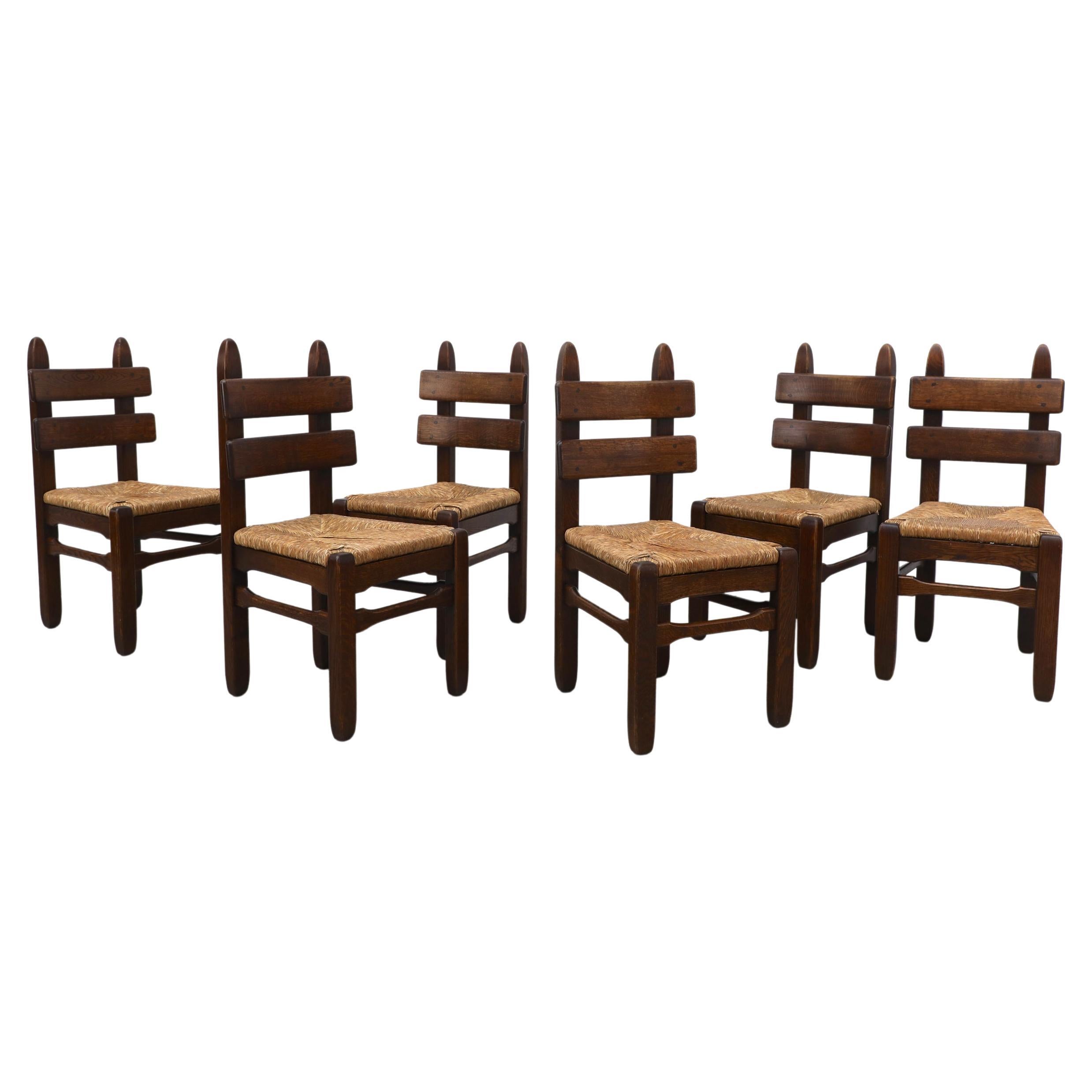 Set of 6 De Puydt Brutalist Heavy Oak Dining Chairs