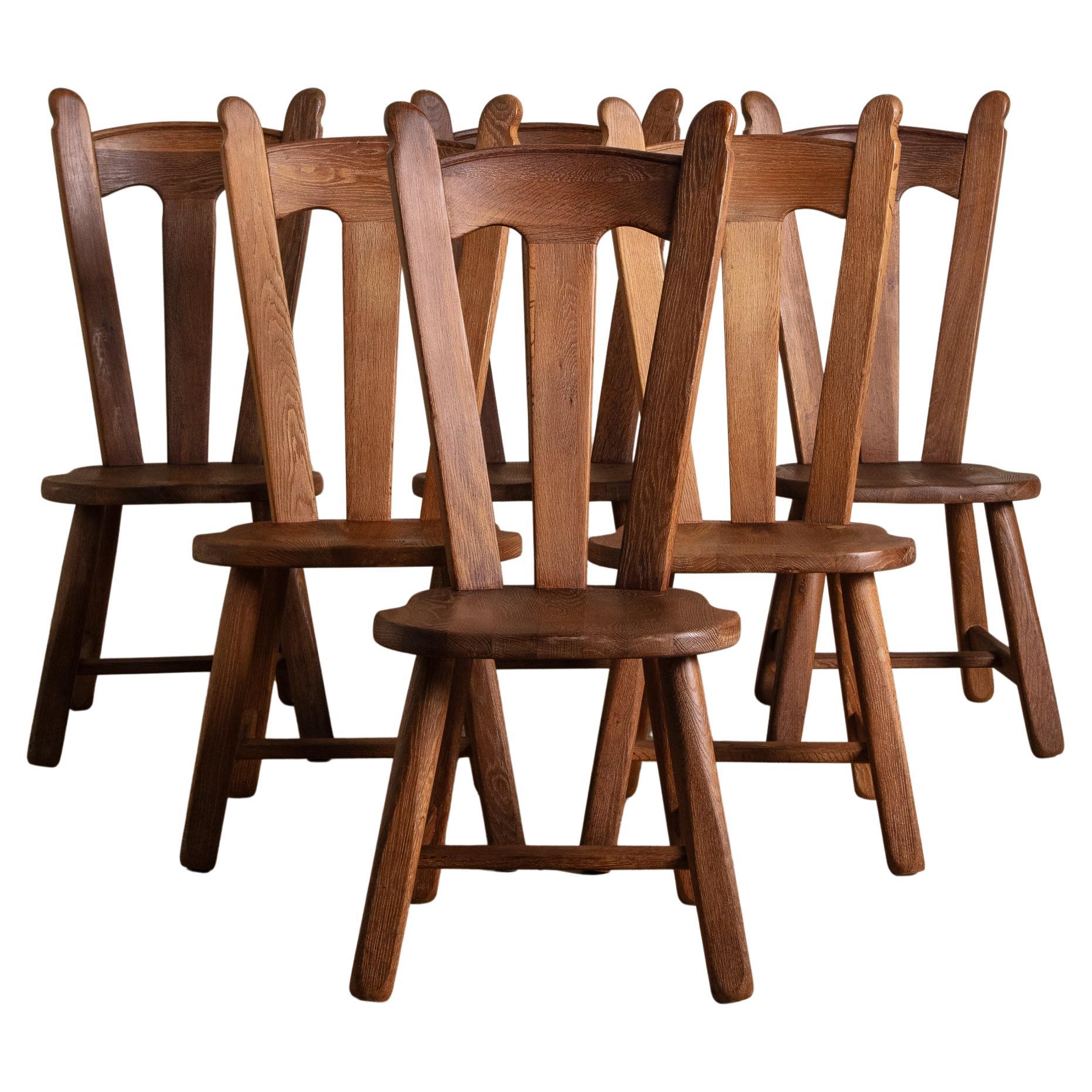 Set di 6 sedie da pranzo brutaliste De Puydt in Oak, Belgio, anni '70 in vendita