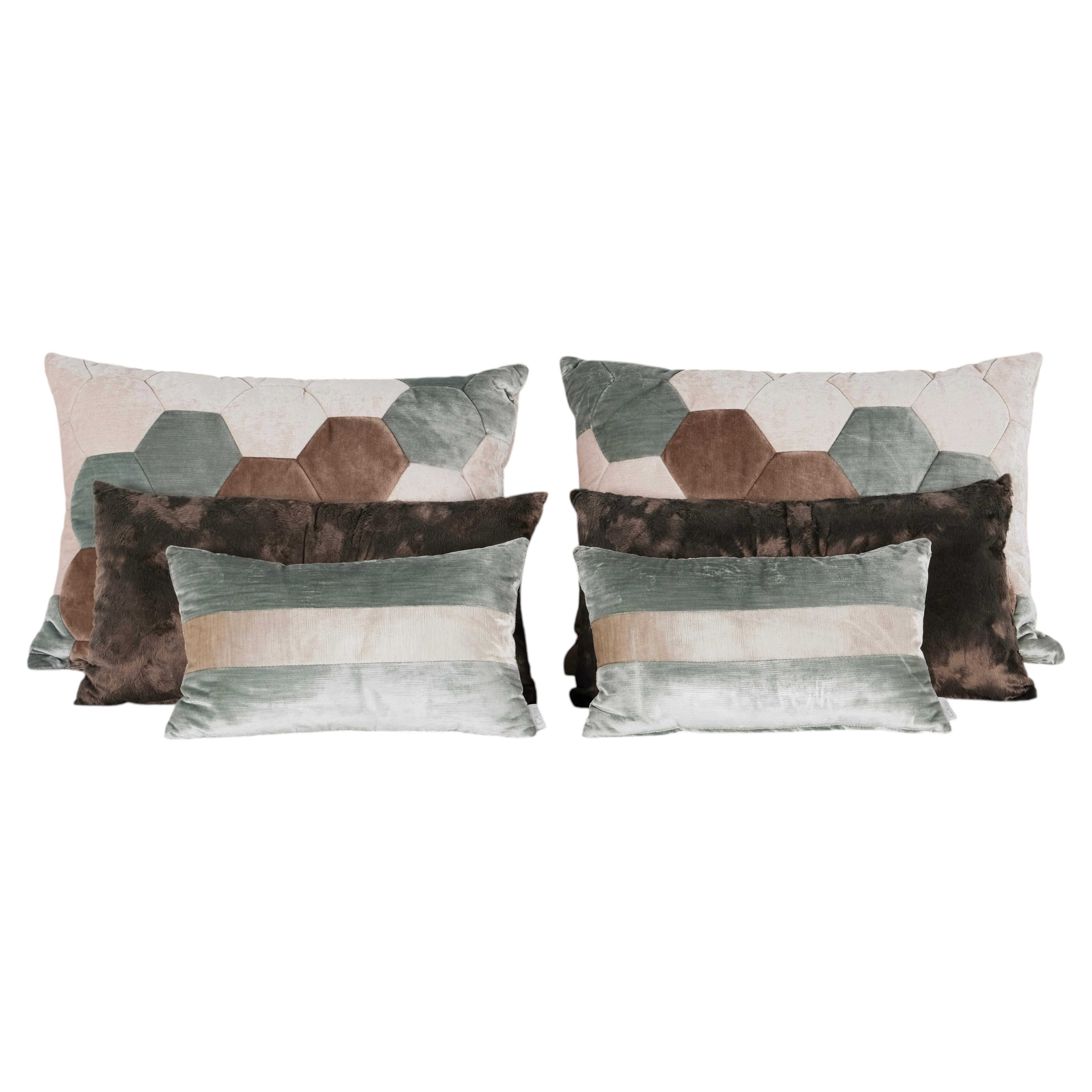 Set of 6 Decorative Pillows Brown/Cream/Green Velvet Handmade by Lusitanus