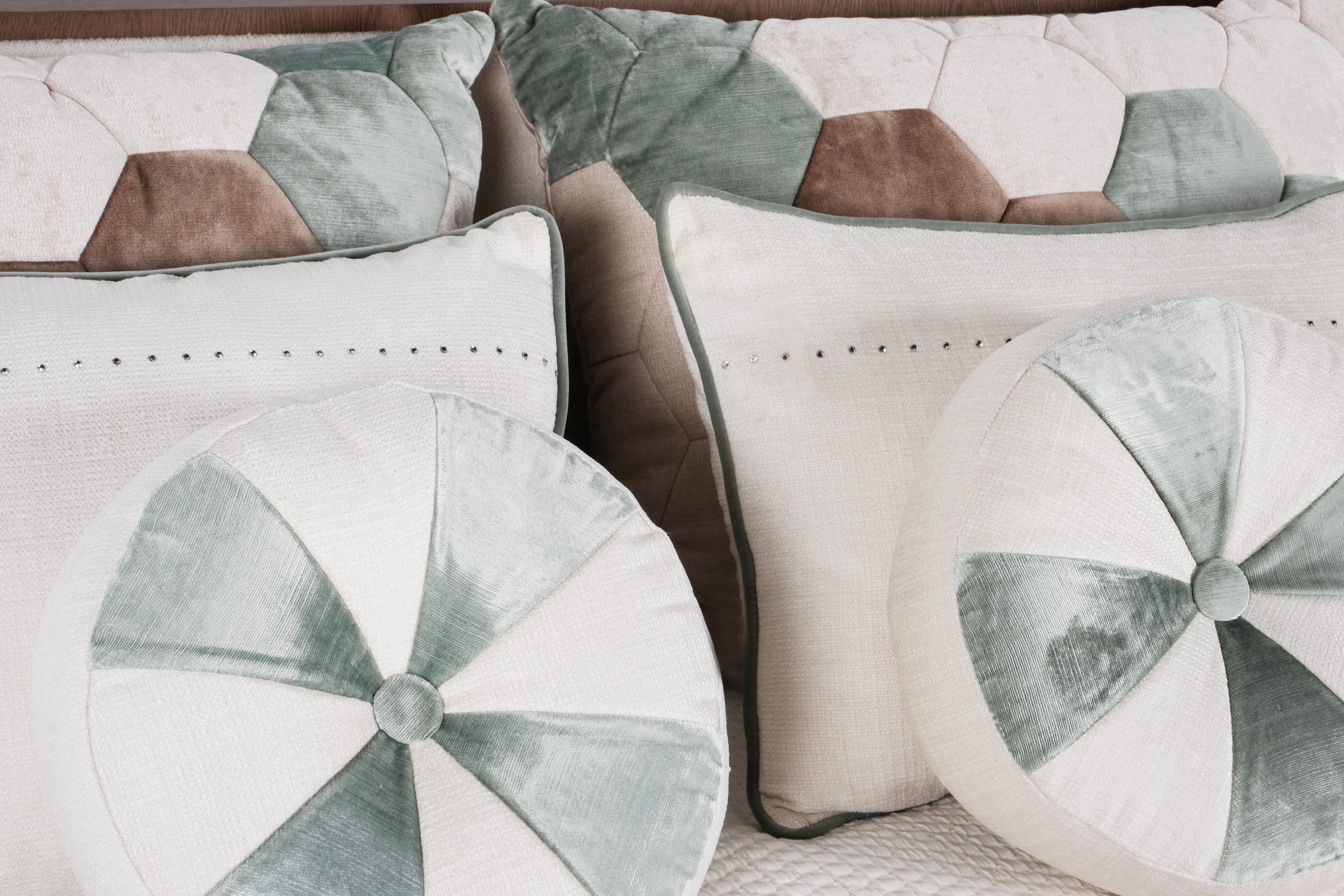 Modern Set of 6 Decorative Pillows Cream Mint Green and White Lace Swarovski Lusitanus For Sale