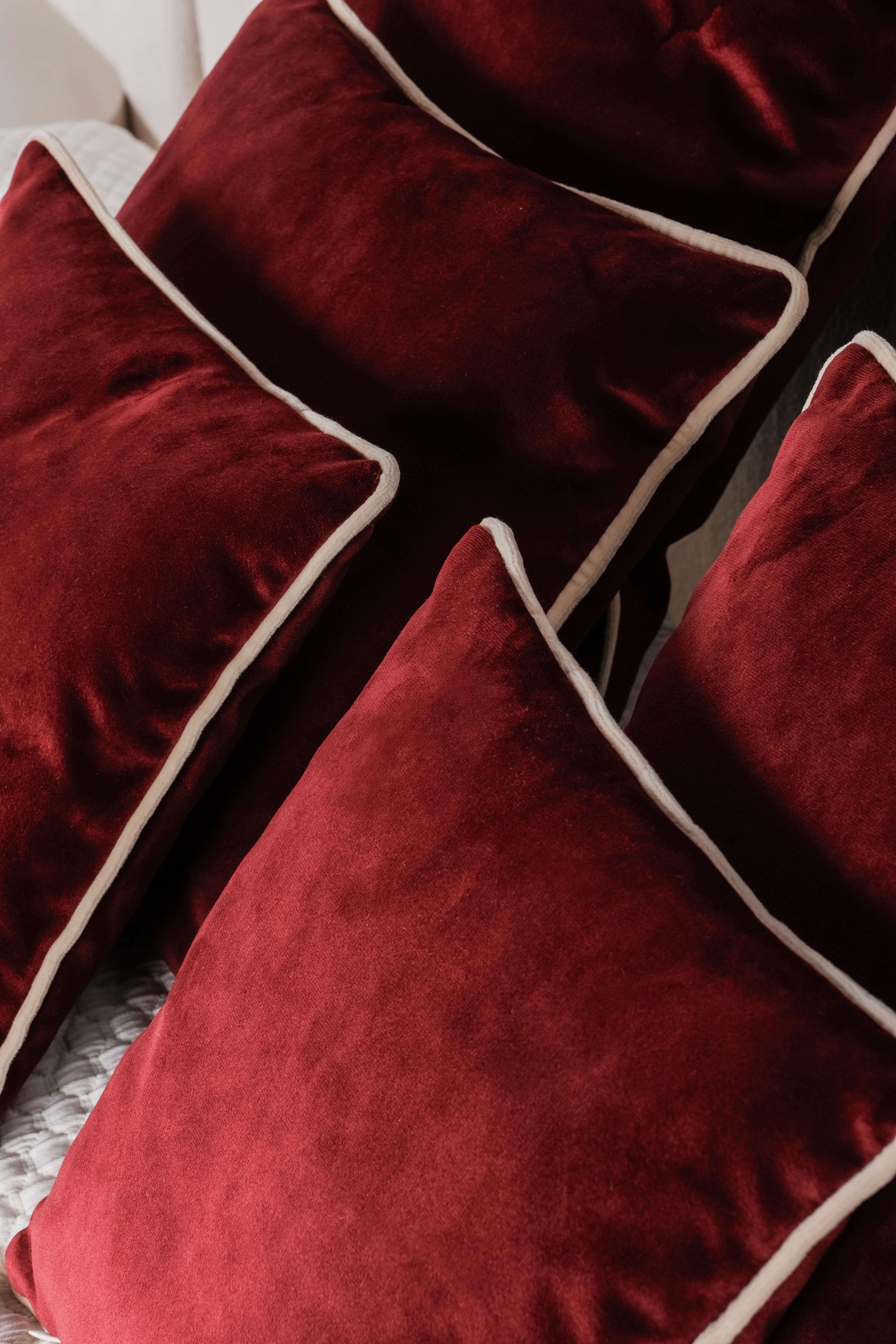 Portuguese Set of 6 Decorative Pillows Red Cream Velvet Handmade by Lusitanus For Sale