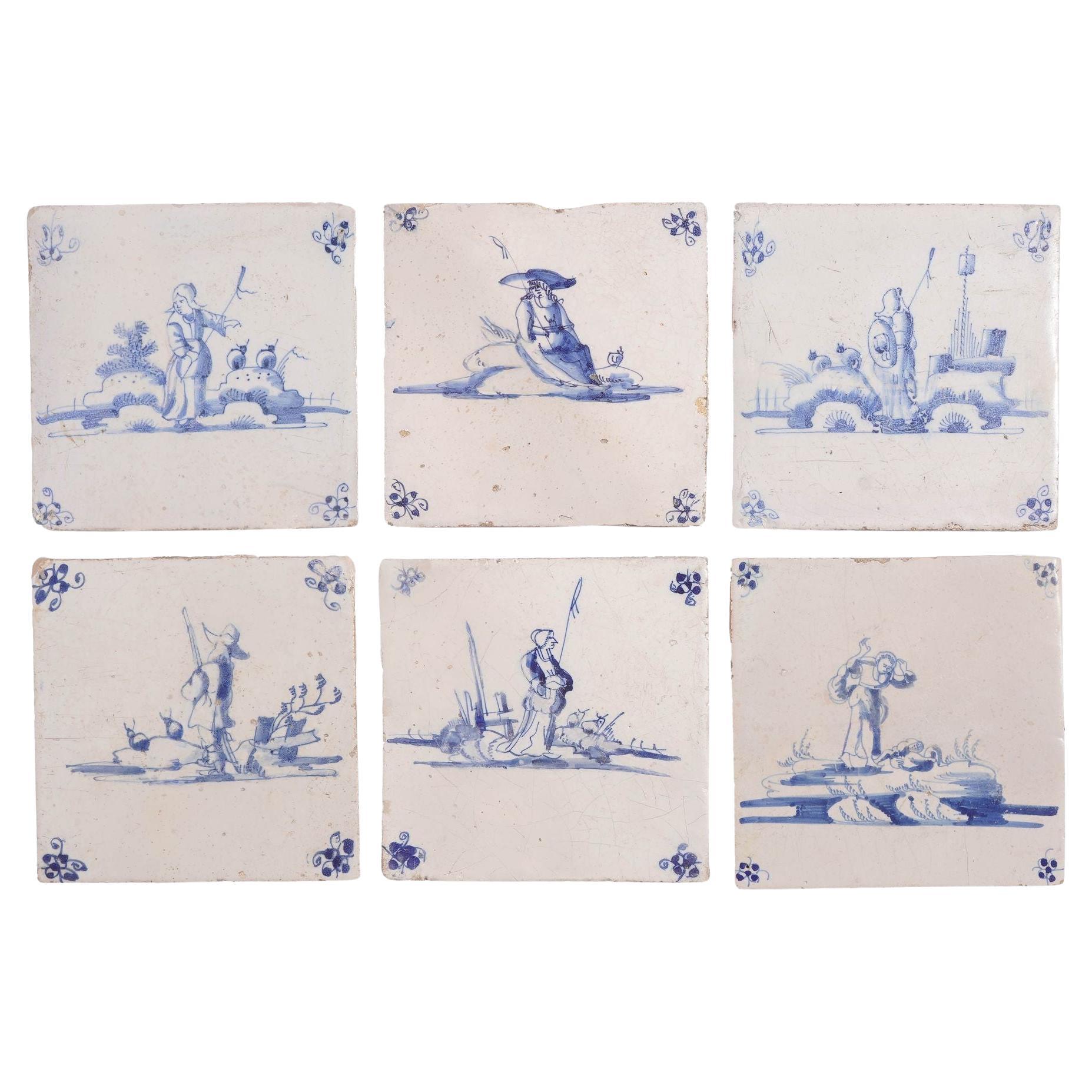 Set of 6 Delft cobalt blue figural faience tiles, c. 1650 For Sale