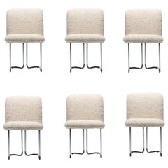 Set of 6 Design Institute of America Chrome Dining Chairs in Ivory White Bouclé