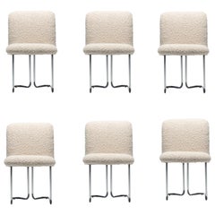 Set of 6 Design Institute of America Chrome Dining Chairs in Ivory White Bouclé