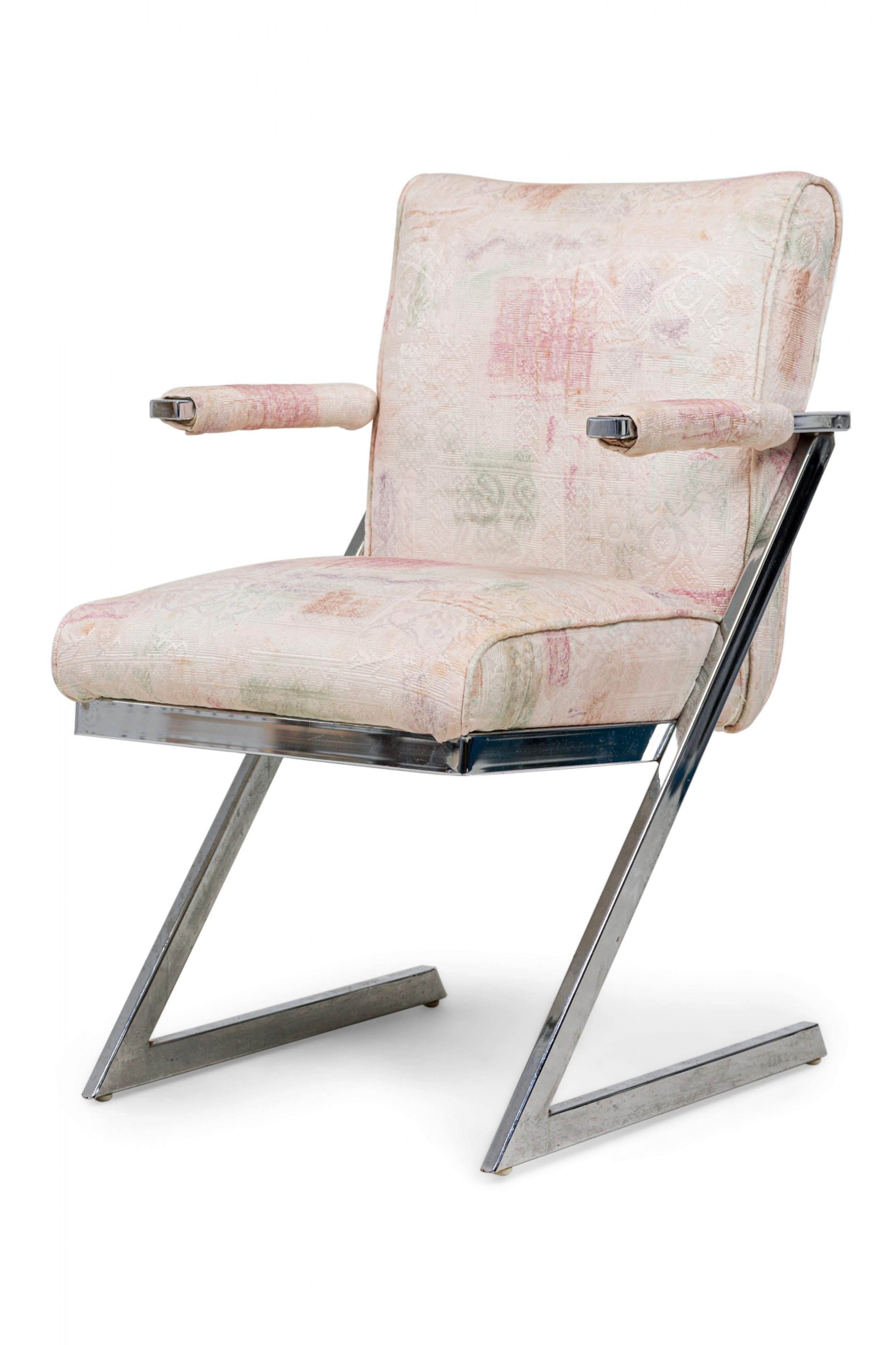 SET of 6 midcentury (1980s) American Z Chairs (2 armchairs, 4 side chairs) in cantilevered flat bar chromed steel, upholstered in a textured beige fabric with muted tints of brown, green and pink. (DESIGN INSTITUTE OF AMERICA) (PRICED AS SET).