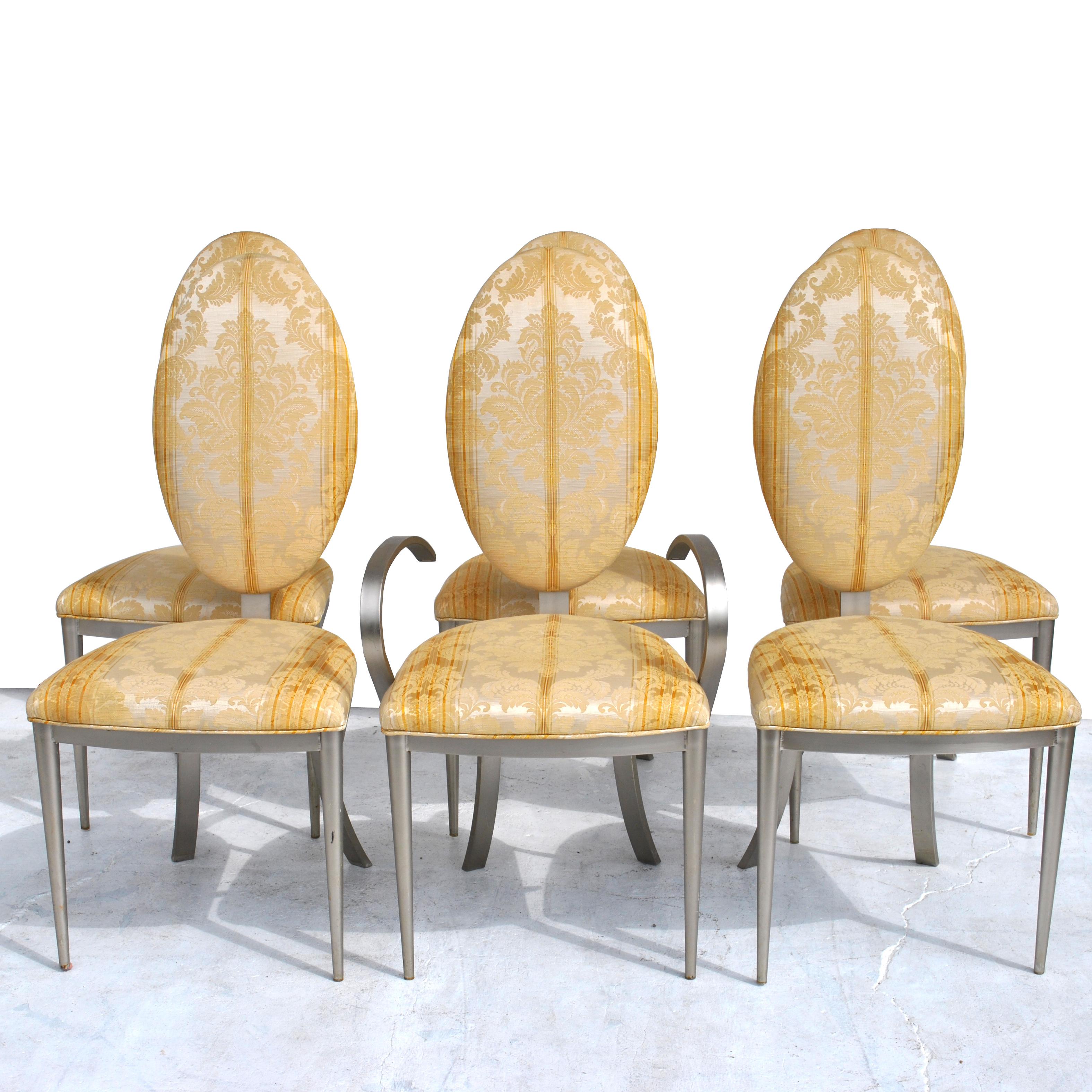 Set 0f 6 DIA dining chairs
Neoclassical lines with a modern twist in a brushed metal frame and a rich Damask fabric.
1 armchair and 5 side chairs.

Measures: Side chair 19
