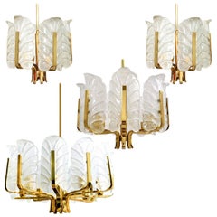 Set of 6 Different Sizes Glass Brass Chandeliers by Fagerlund for Orrefors, 1960