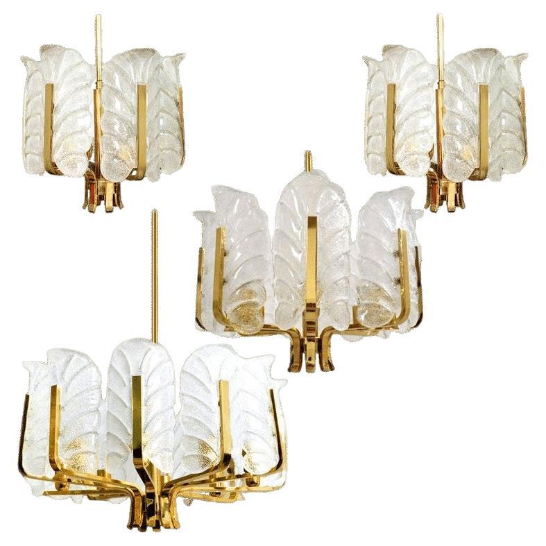 Set of 6 Different Sizes Glass Brass Chandeliers by Fagerlund for Orrefors, 1960 For Sale
