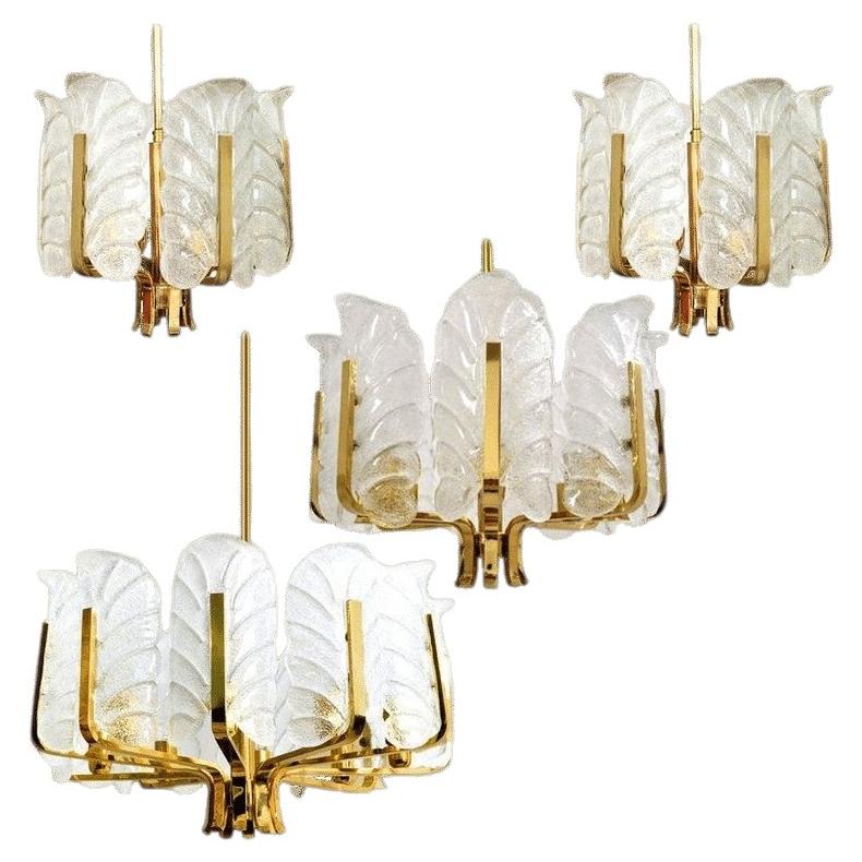 Set of 6 Different Sizes Glass Brass Chandeliers by Fagerlund for Orrefors, 1960