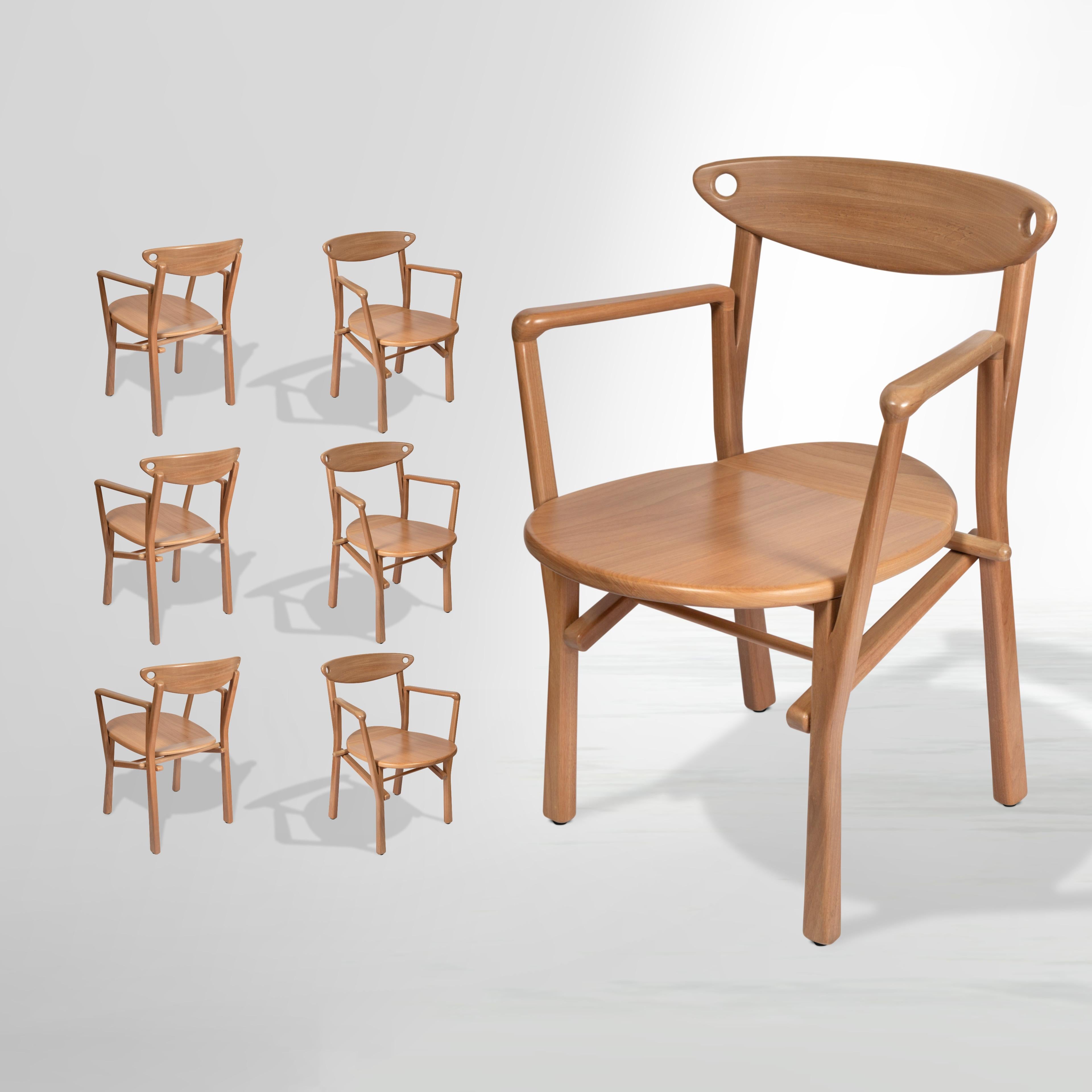 Organic Modern Set of 6 Dining Chairs Laje in Natural Wood  For Sale