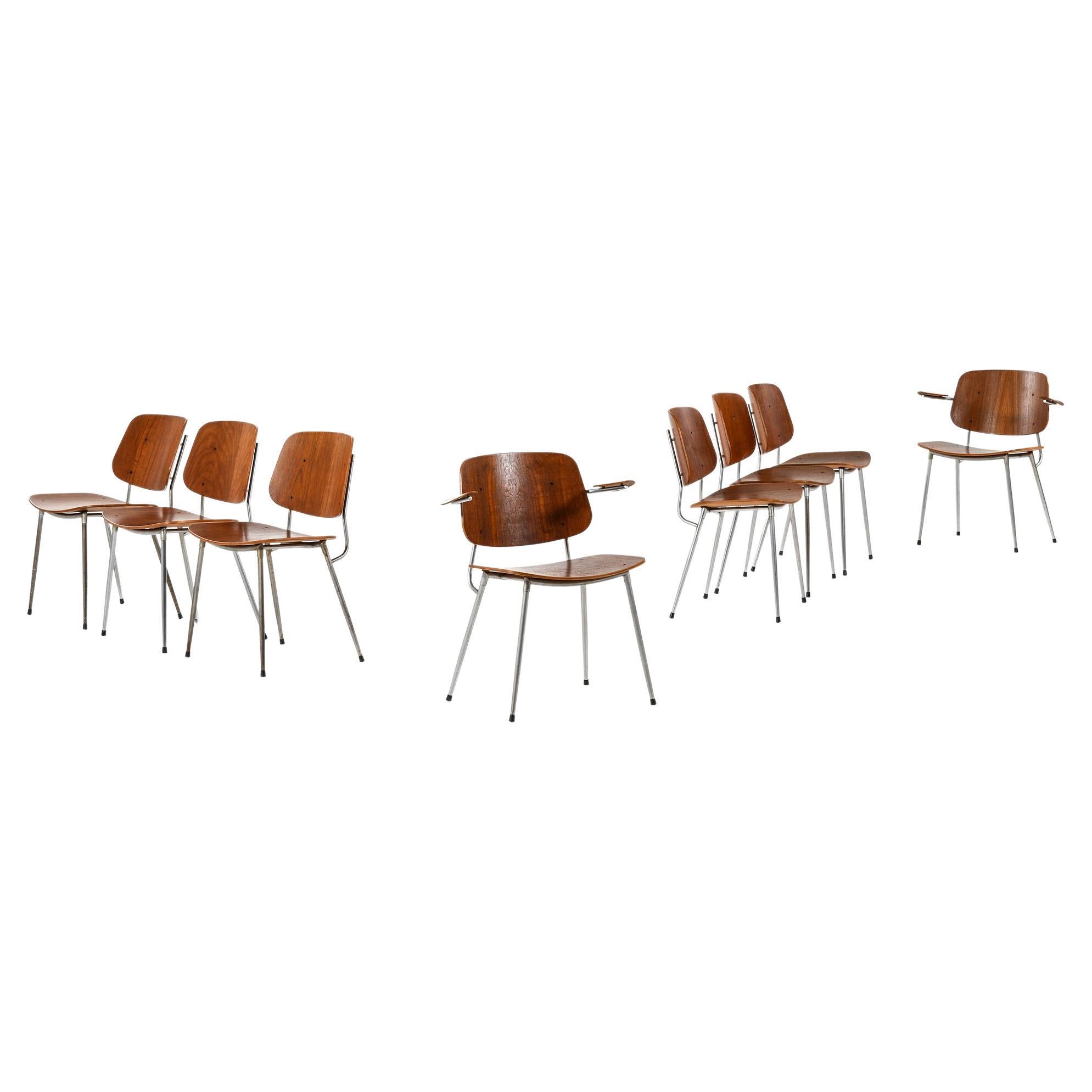 Set of 6 Dining Chairs and 2 Armchairs in Teak with Steel by Børge Mogensen