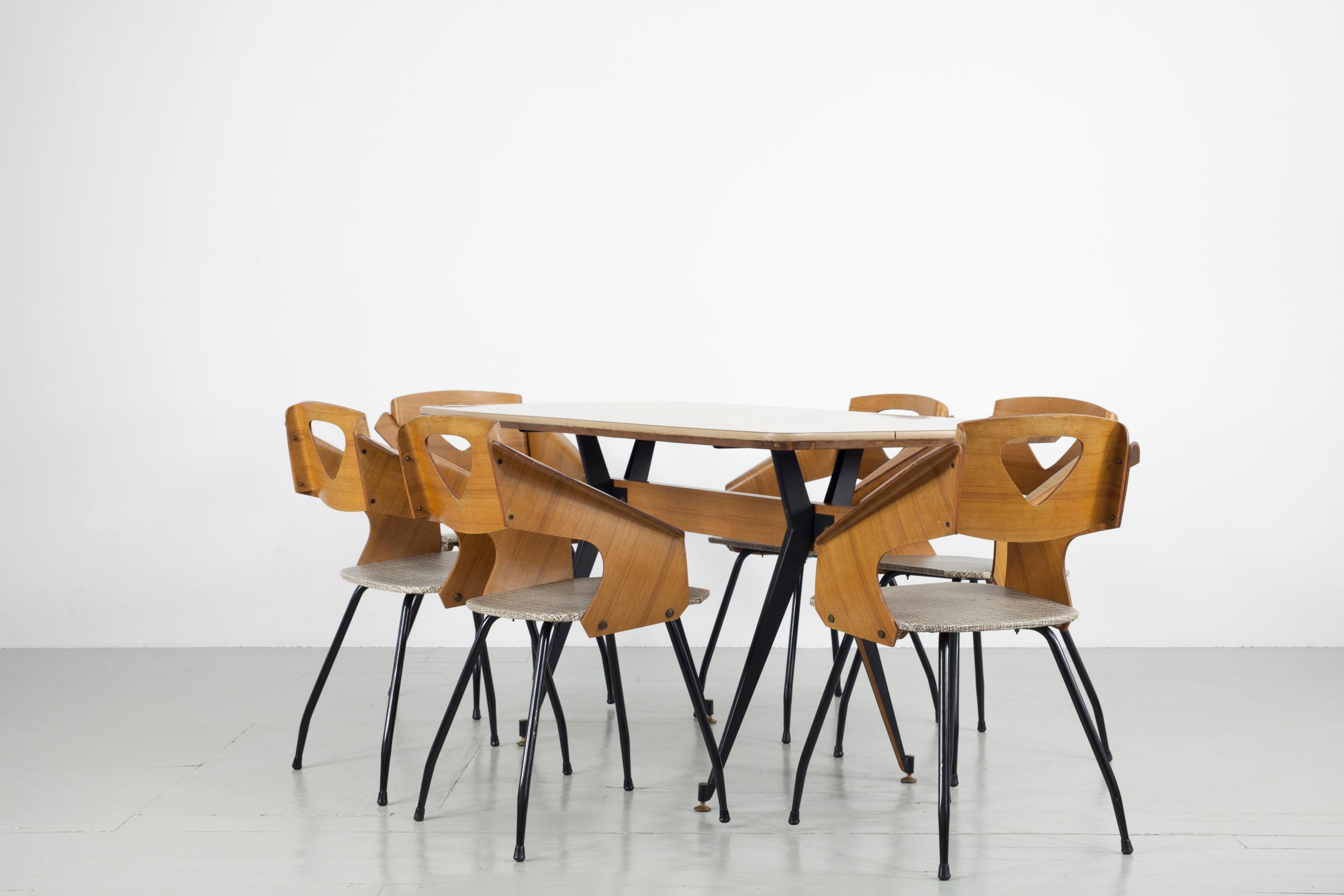 Mid-20th Century Set of 6 Dining Chairs and Table by Carlo Ratti, 1950s For Sale