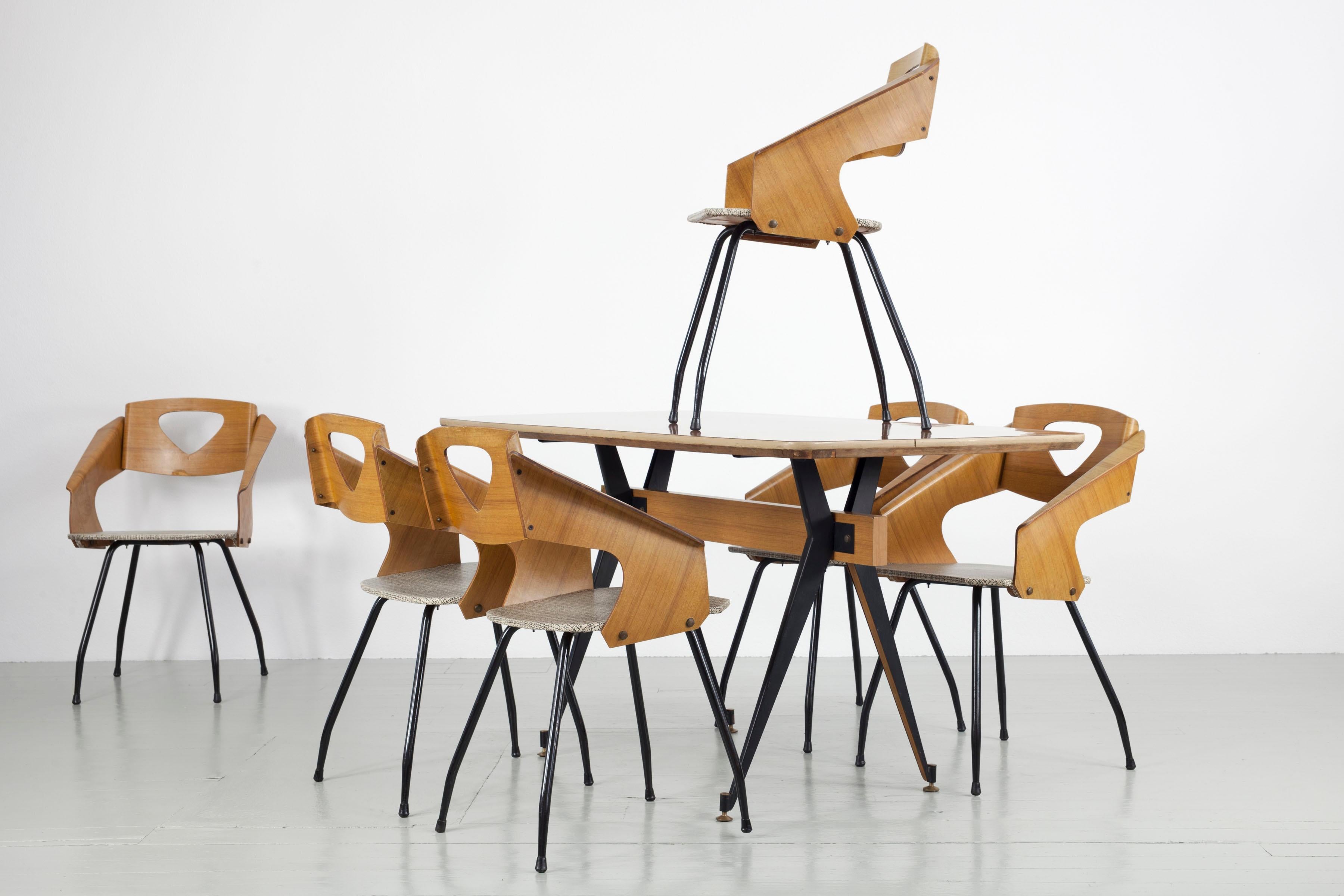 Set of 6 Dining Chairs and Table by Carlo Ratti, 1950s For Sale 1