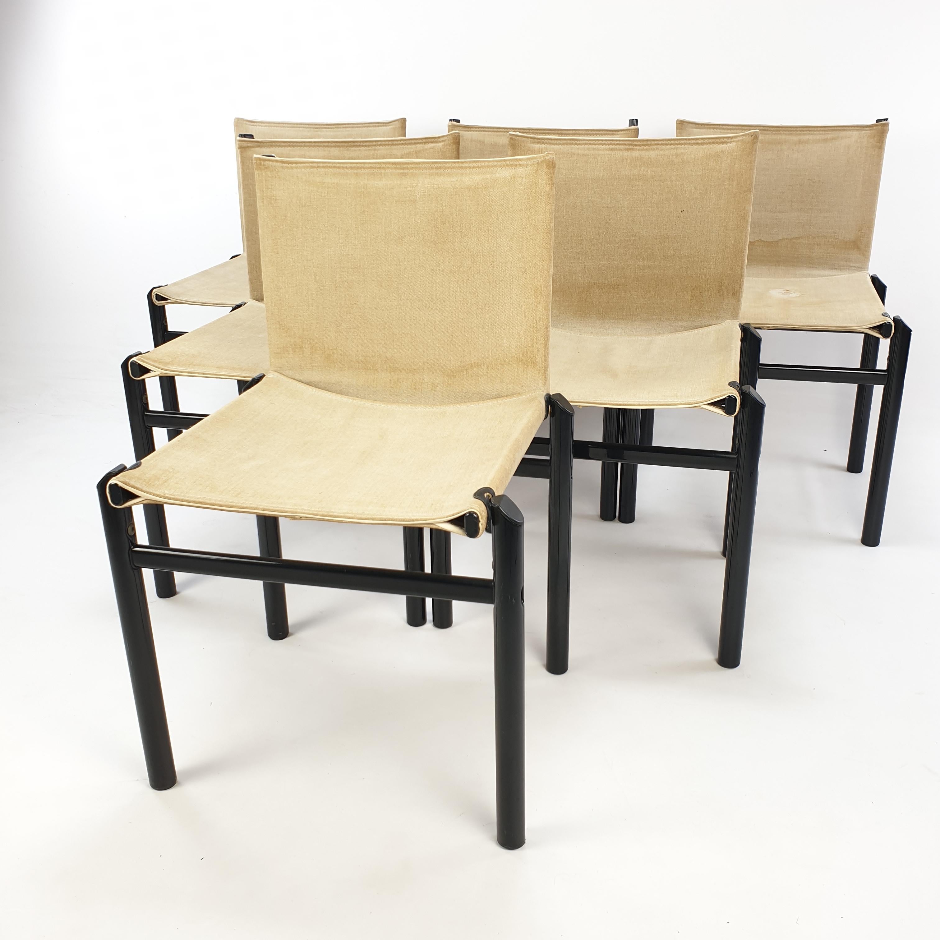 Very rare set of 6 dining chairs by Afra & Tobia Scarpa, Italy, 1970's. A minimal and striking design with strong graphic lines and interesting details resulting in an architectural appearance. The simple but solid frames are constructed out of