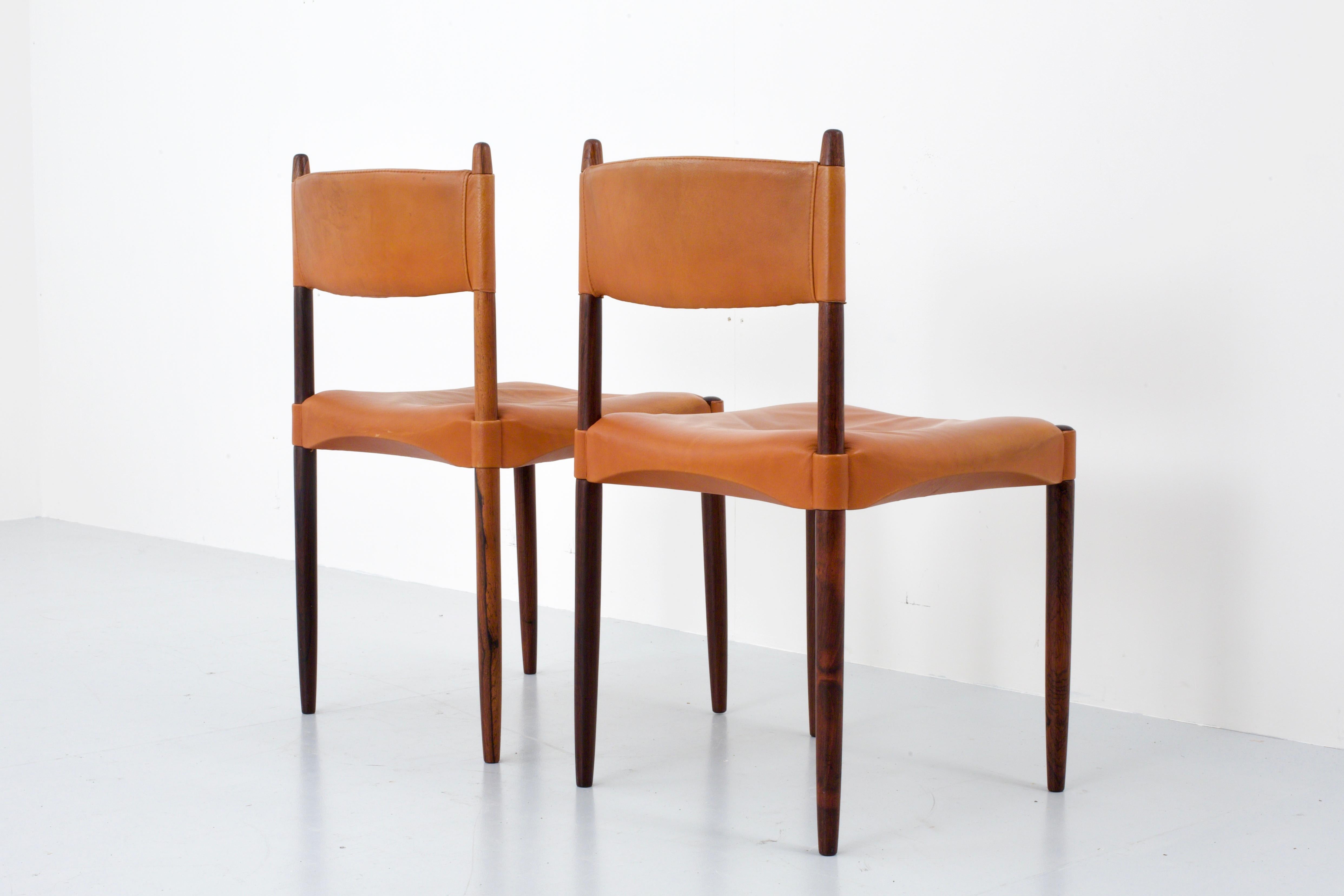 Mid-20th Century Set of 6 Dining Chairs by Anders Jensen in Rosewood and Leather, Denmark, 1960's