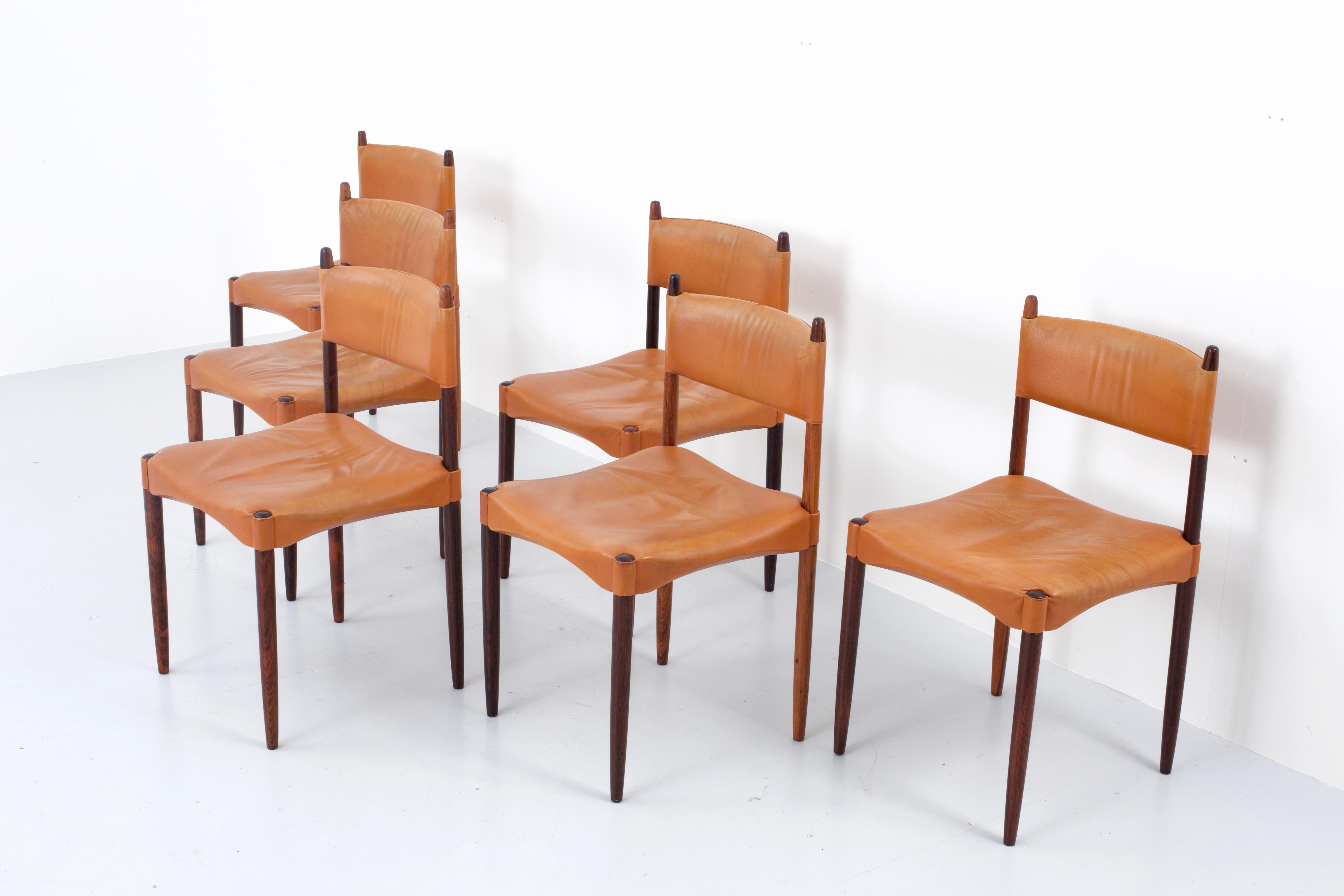 Mid-Century Modern Set of 6 Dining Chairs by Anders Jensen in Rosewood and Leather, Denmark, 1960's