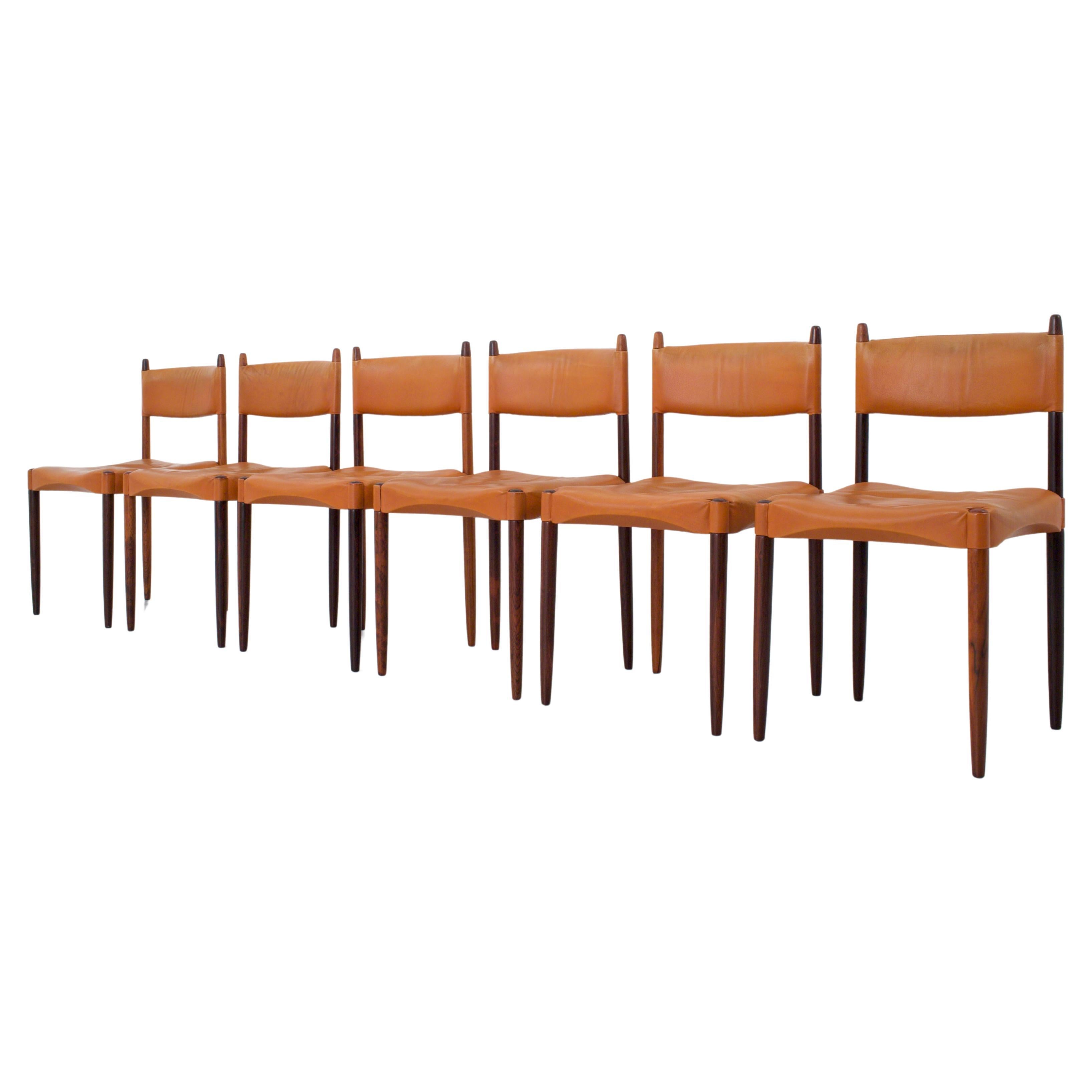 Ensemble de 6 chaises de salle à manger d'Anders Jensen en bois de rose et cuir, Danemark, années 1960