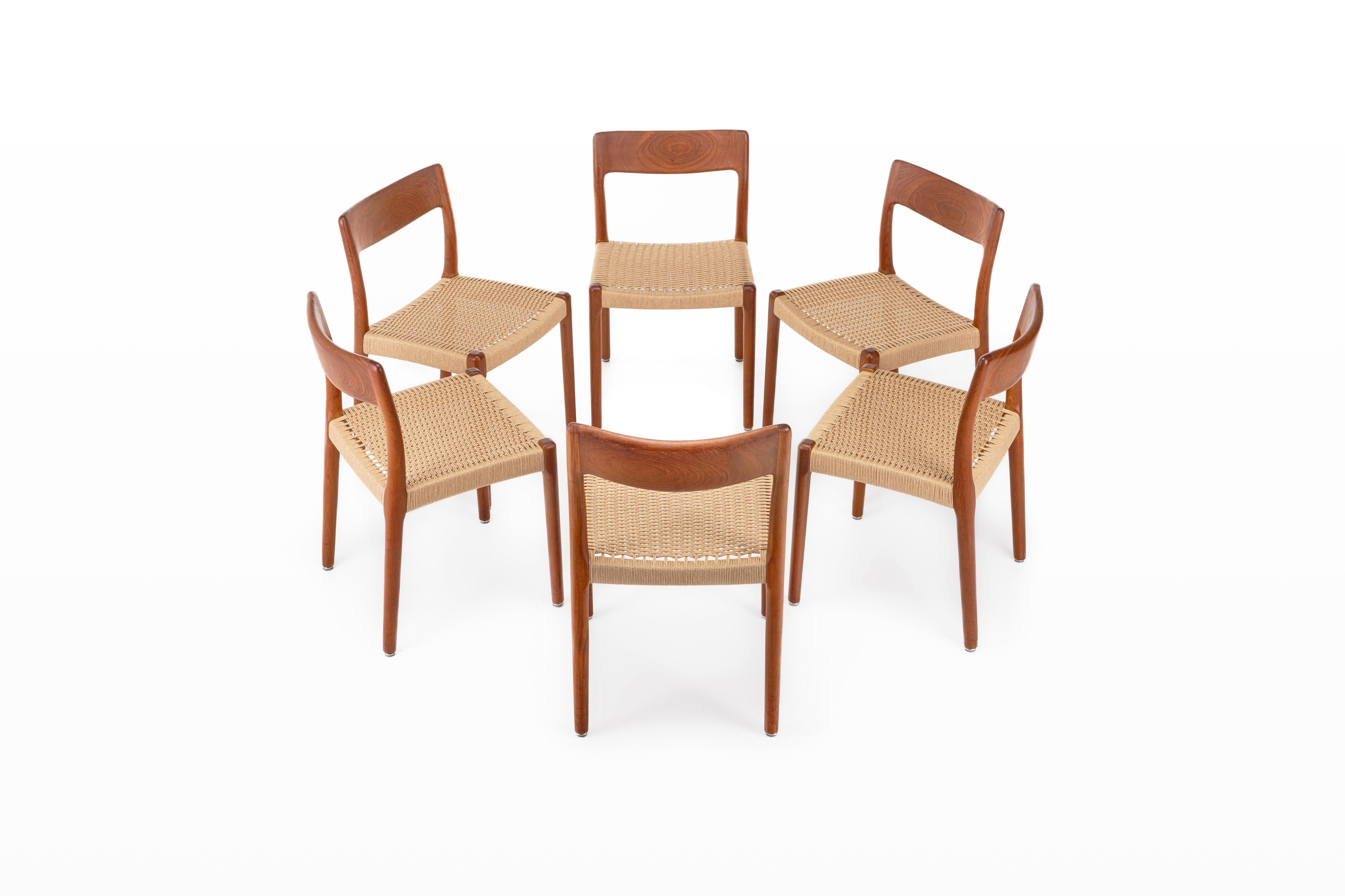Danish Set of 6 Dining chairs by EMC Møbler, Teak and Paper Cord