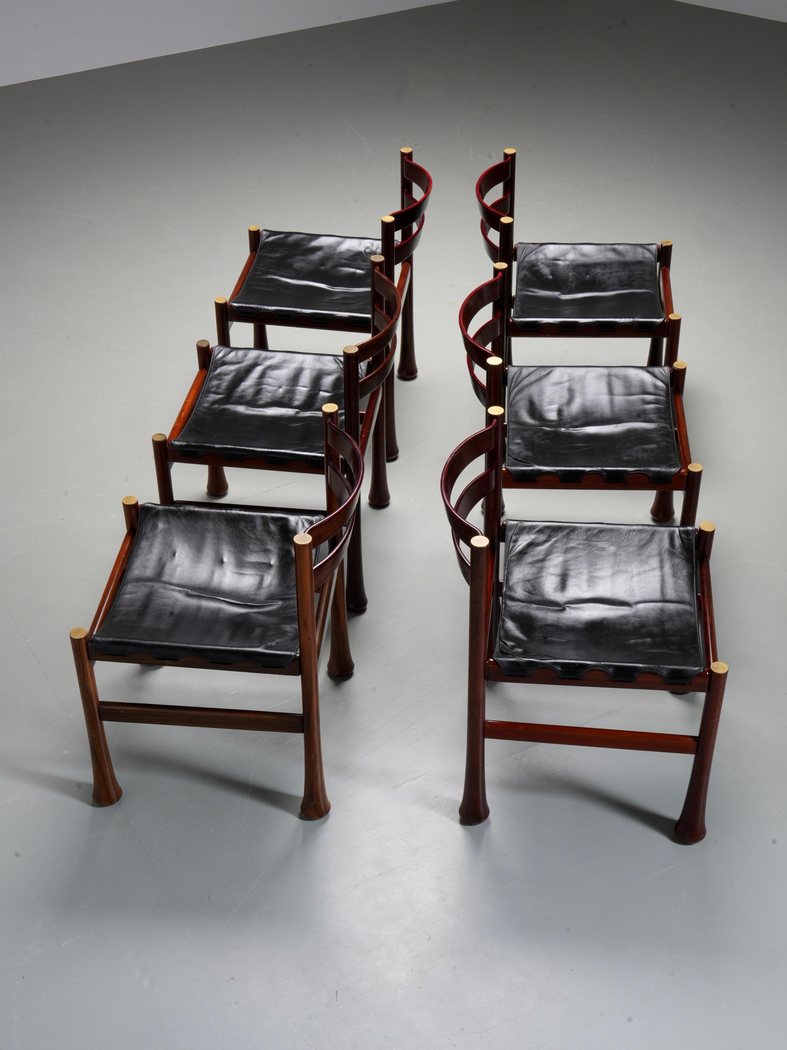 Set of 6 Dining Chairs by Luciano Frigerio in Wood and Leather, Italy, 1970's For Sale 4
