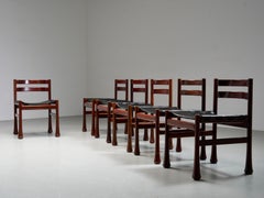 Juego de 6 Sillas de Comedor de Luciano Frigerio en Madera y Piel, Italia, Años 70