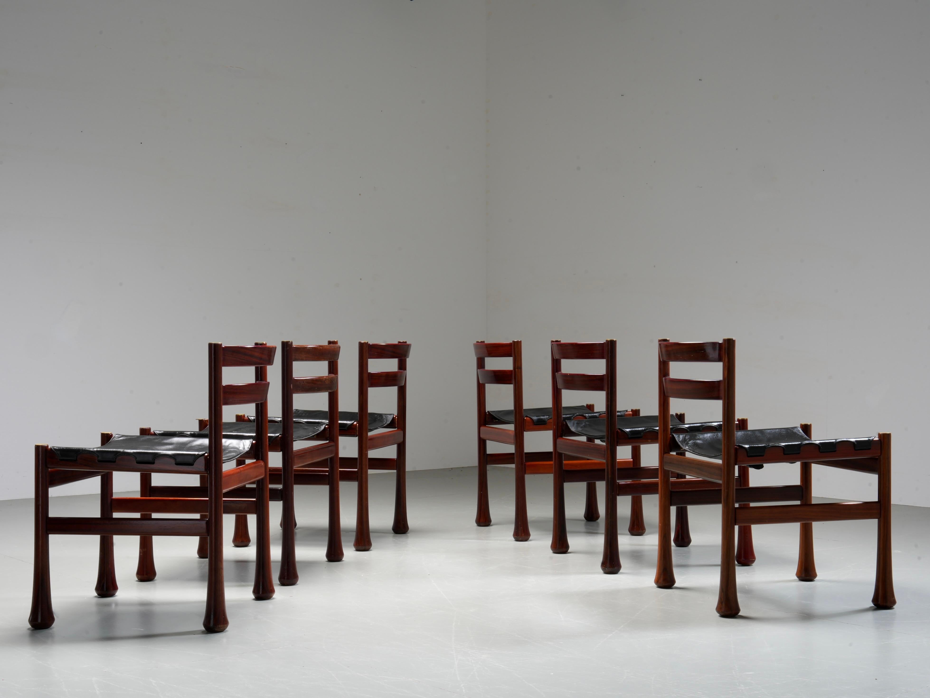 Mid-Century Modern Set of 6 Dining Chairs by Luciano Frigerio in Wood and Leather, Italy, 1970's For Sale