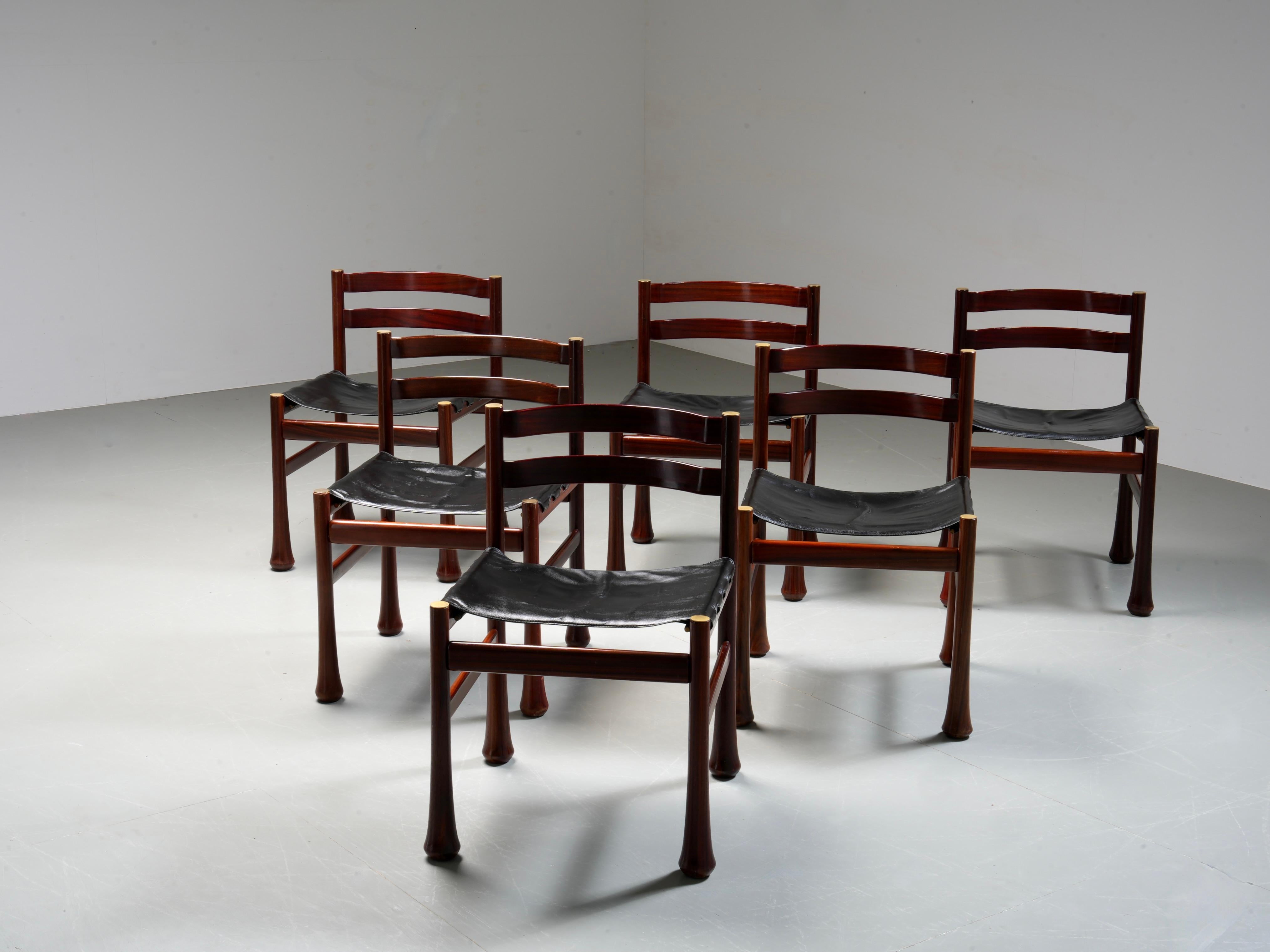 Italian Set of 6 Dining Chairs by Luciano Frigerio in Wood and Leather, Italy, 1970's For Sale