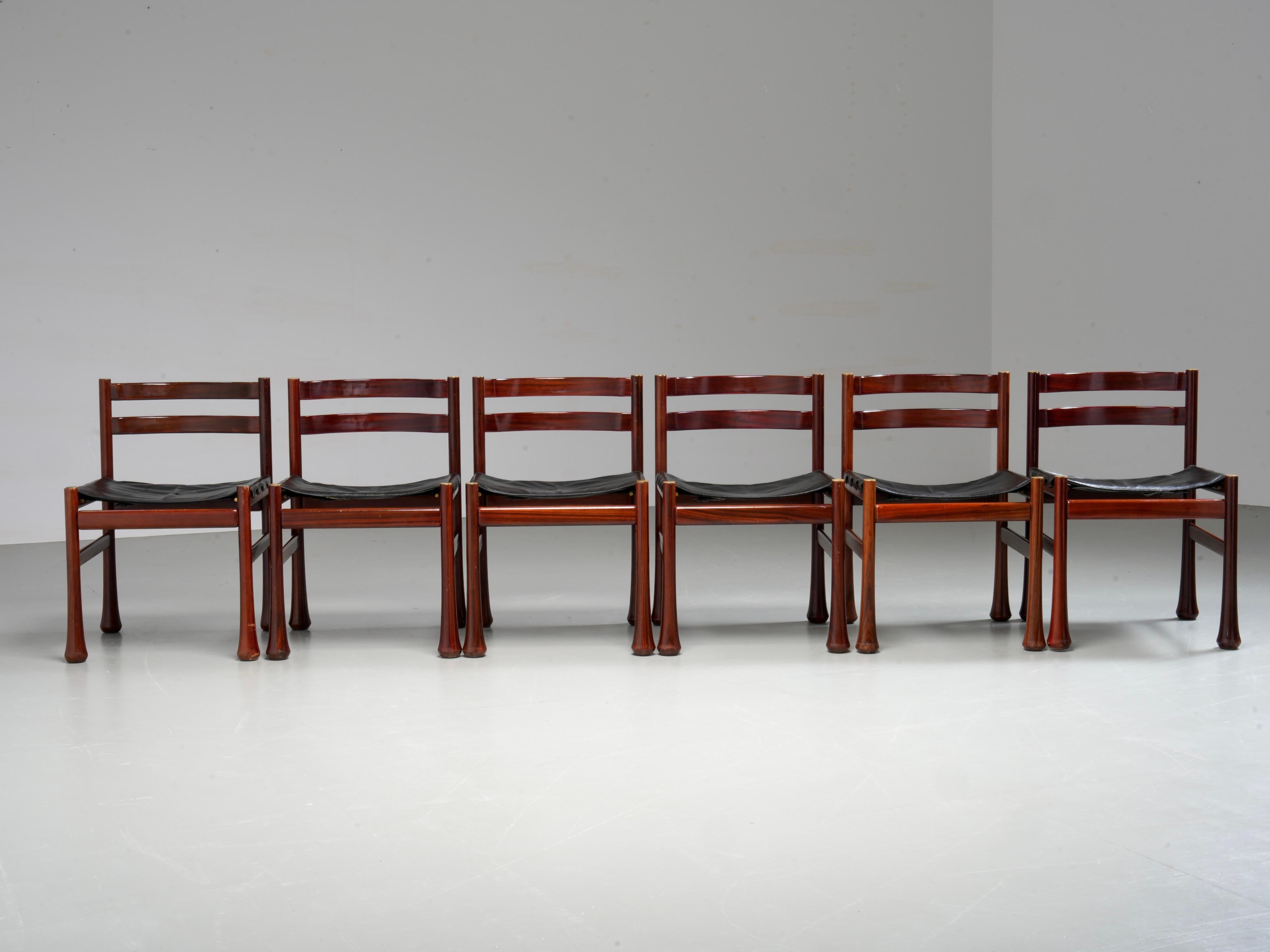 Set of 6 Dining Chairs by Luciano Frigerio in Wood and Leather, Italy, 1970's For Sale 1