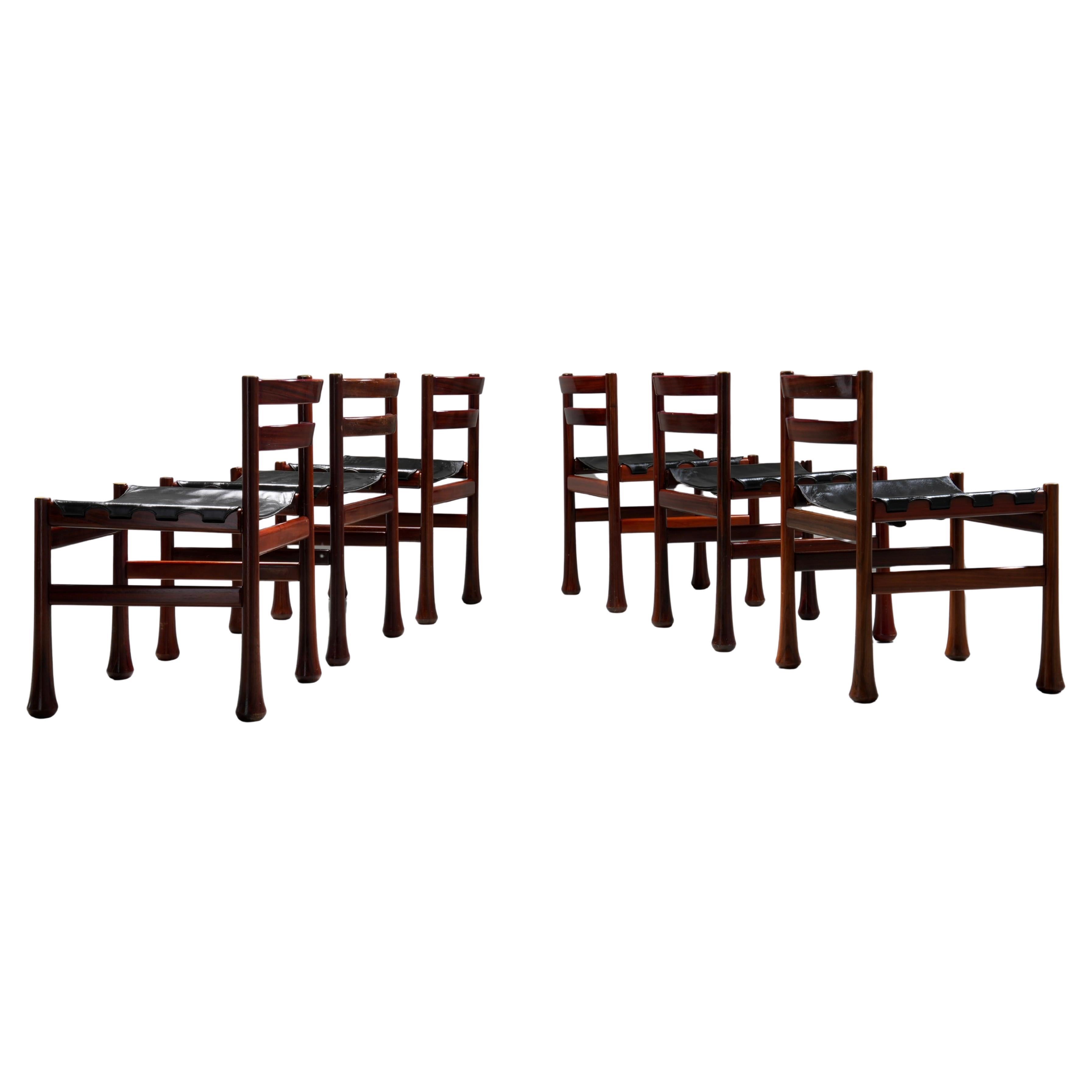 Set of 6 Dining Chairs by Luciano Frigerio in Wood and Leather, Italy, 1970's