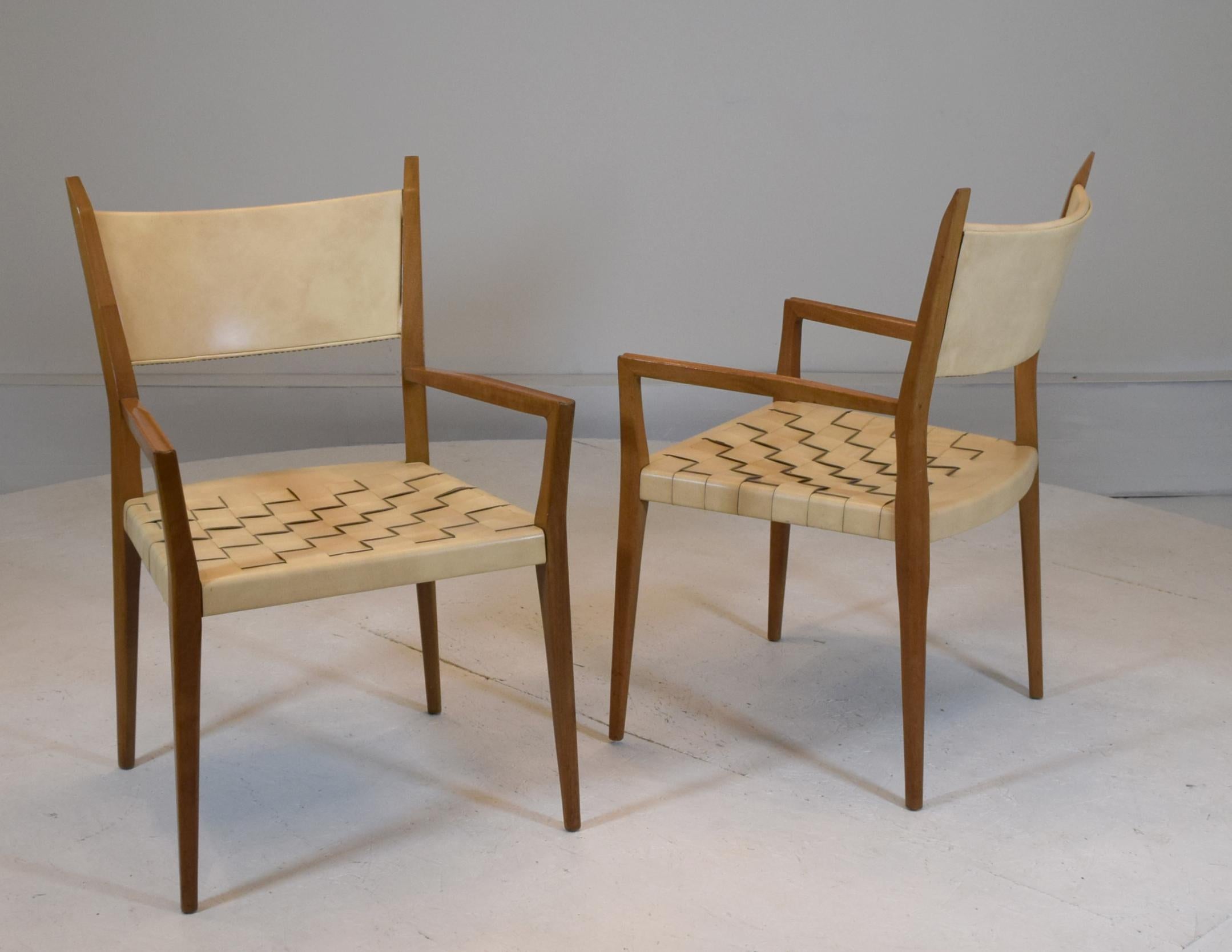 For Calvin, by Paul McCobb. being sold at a price attractive to those wishing to restore the dining chair set with new upholstery, as the current condition of upholstery is fair.
Each chair 35.5