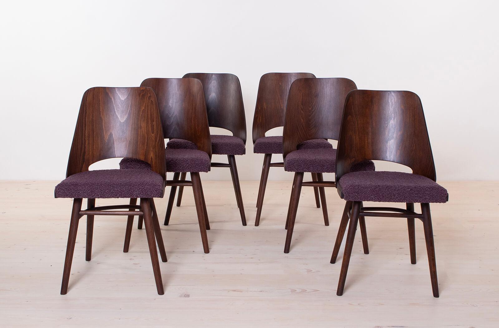 Questo set di sei sedie da pranzo vintage è stato progettato dal designer ceco Radomir Hofman negli anni Sessanta. Prodotto da TON. Le sedie sono molto leggere e comode da usare. Questo set è stato completamente restaurato e rifinito con olio