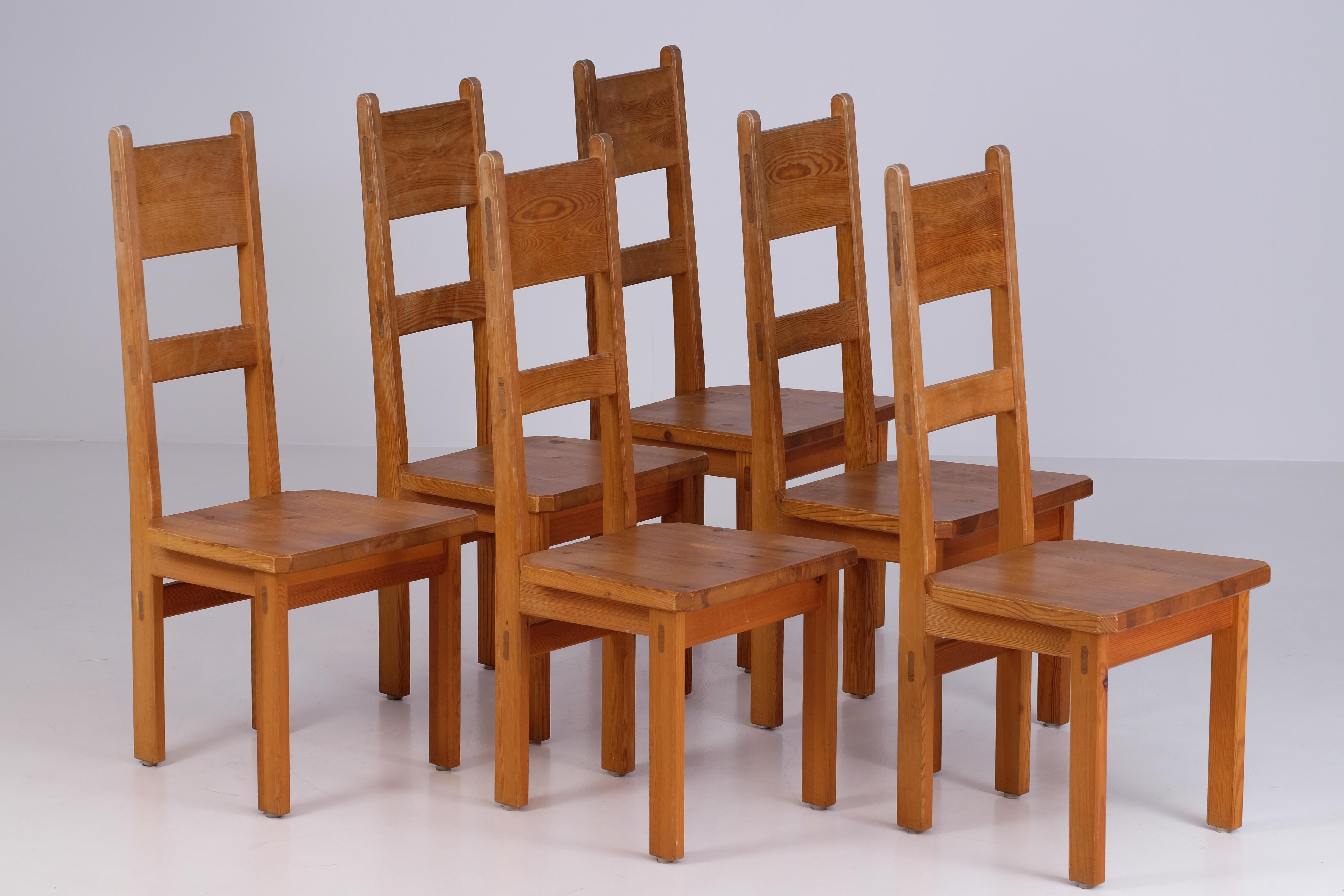 Pine Set of 6 Dining Chairs by Roland Wilhelmsson, 1970s For Sale