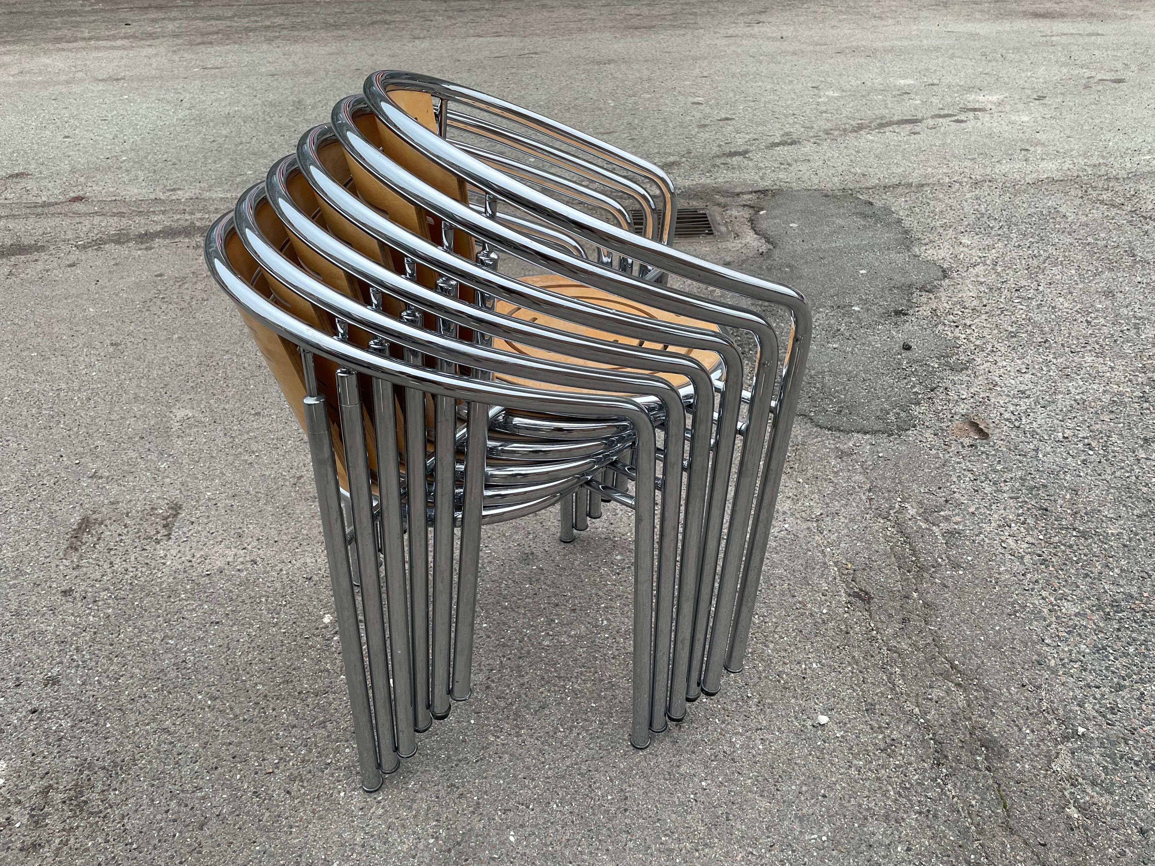 Set of six rare 1980s 'Botium' tub shaped stacking cafe chairs by Rud Thygesen & Johnny Sorensen, chrome with pierced light beech colour back and seat panel.