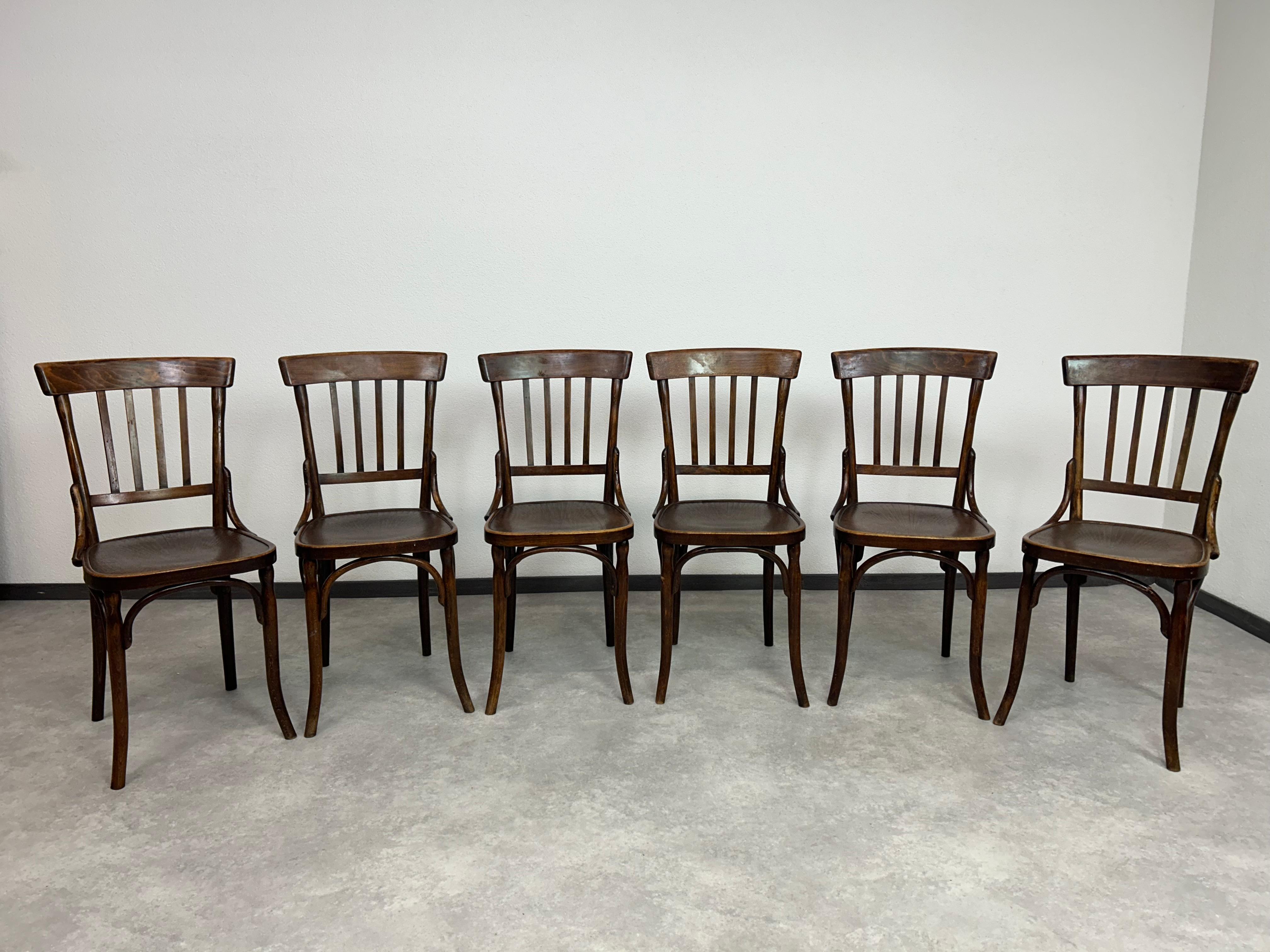 Set di 6 sedie da pranzo di Thonet-Mundus in ottime condizioni originali con segni d'uso.
