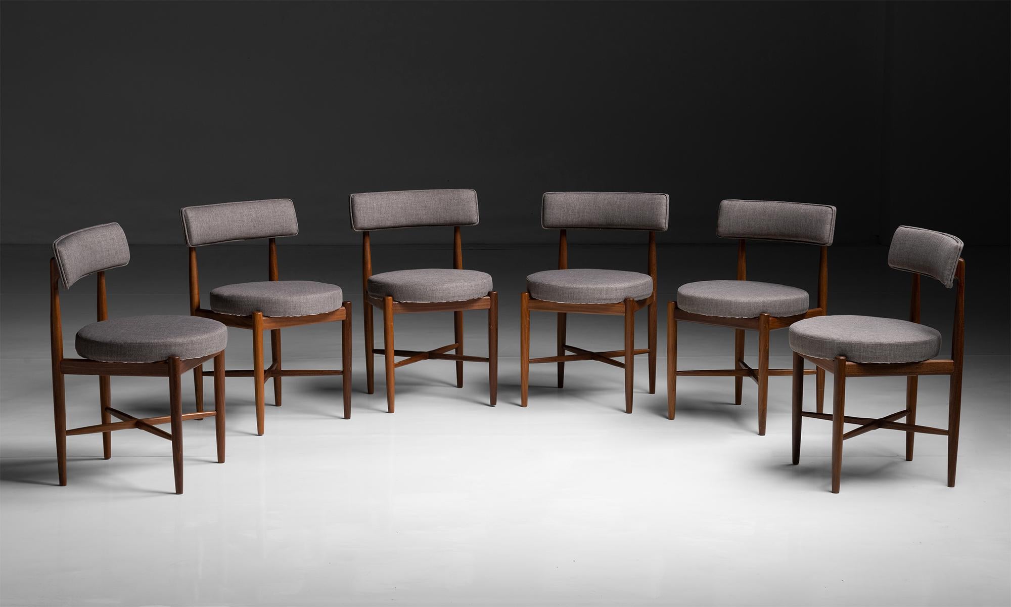 Set of (6) Dining Chairs by Victor Wilkins

England circa 1960

“G-Plan” Dining Chairs with teak frame and original upholstery.

Measures 19.75”w x 19.5”d x 30.25”h x 18.75”seat.
