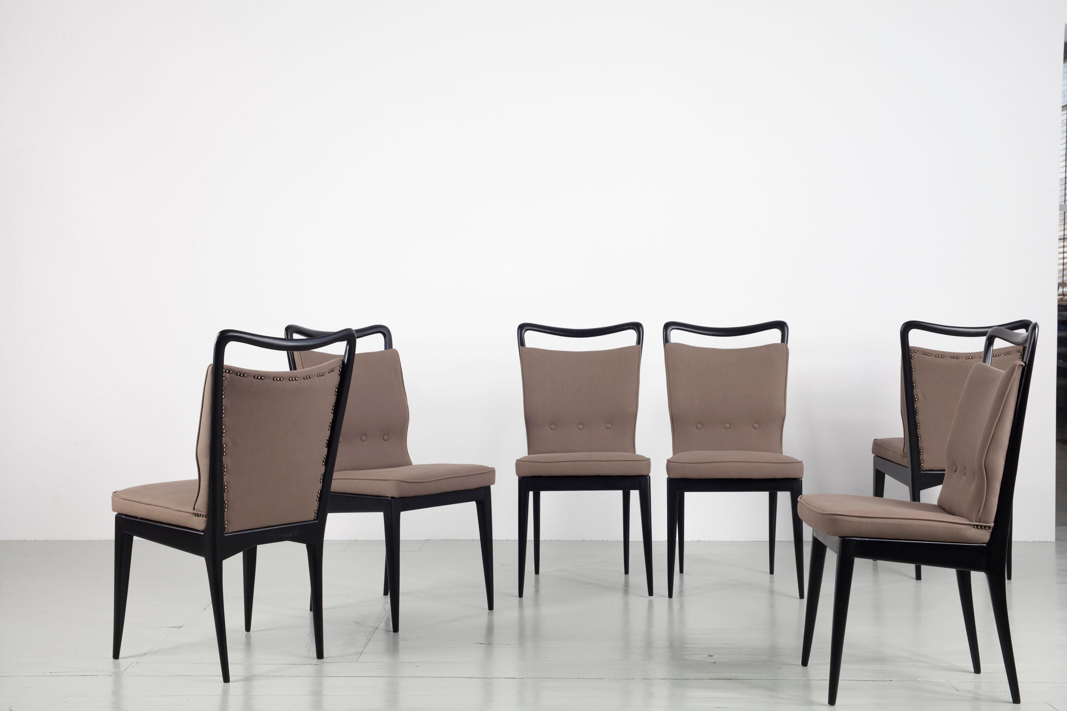 I.S.A. Bergamo Set of 6 Italian Brown Dining Chairs with black frame, 1950s 7