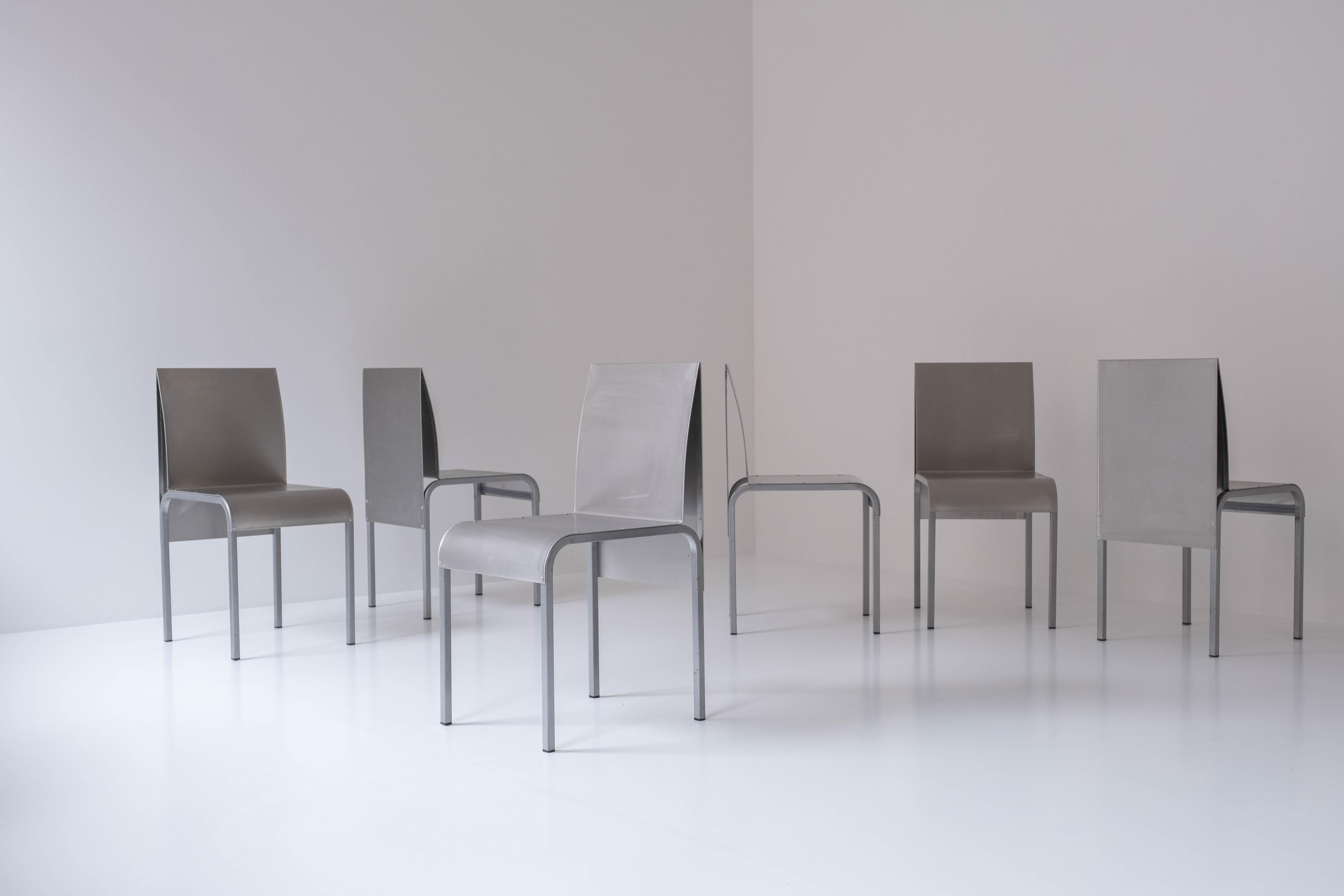 Mid-Century Modern Set of 6 Dining Chairs in Bent Aluminum, Belgium 1980s For Sale