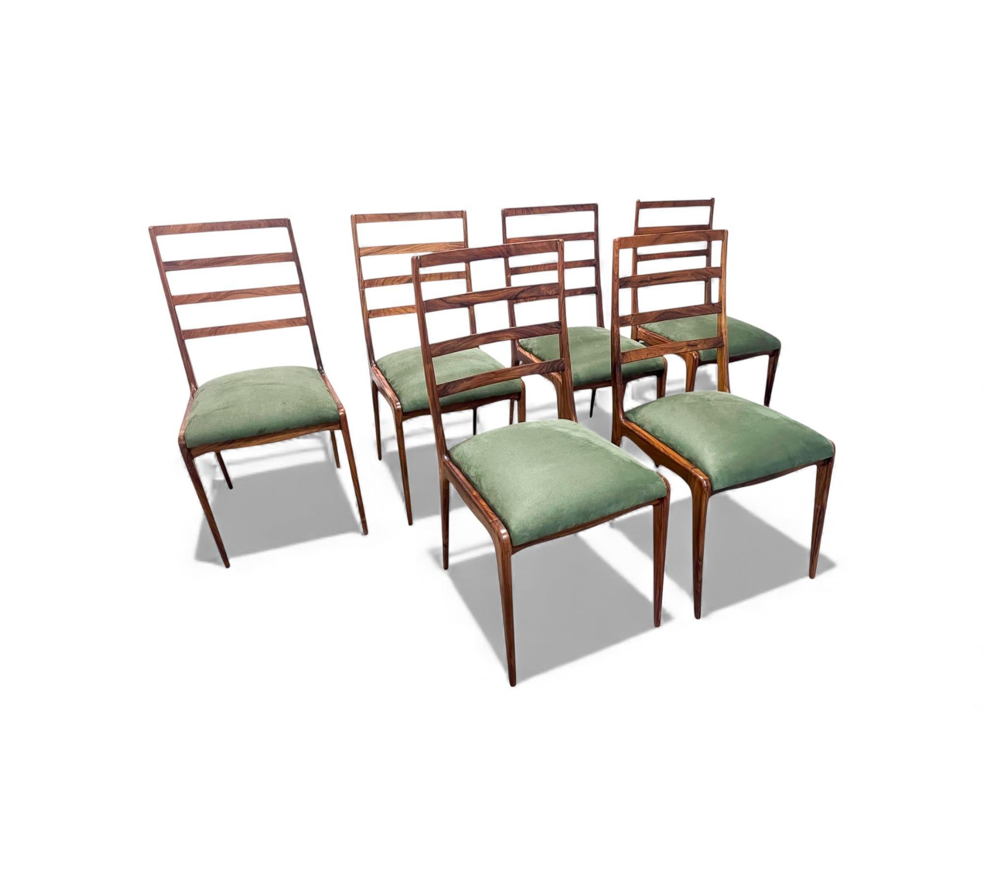 Set of 6 Dining Chairs in Caviuna Hardwood & Suede, Angelini, 1950s (Holzarbeit) im Angebot