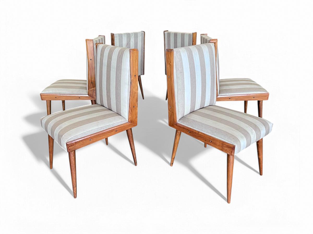 Mid-Century moderno Set di 6 sedie da pranzo in legno duro e tessuto di Giuseppe Scapinelli, 1950 ca. in vendita