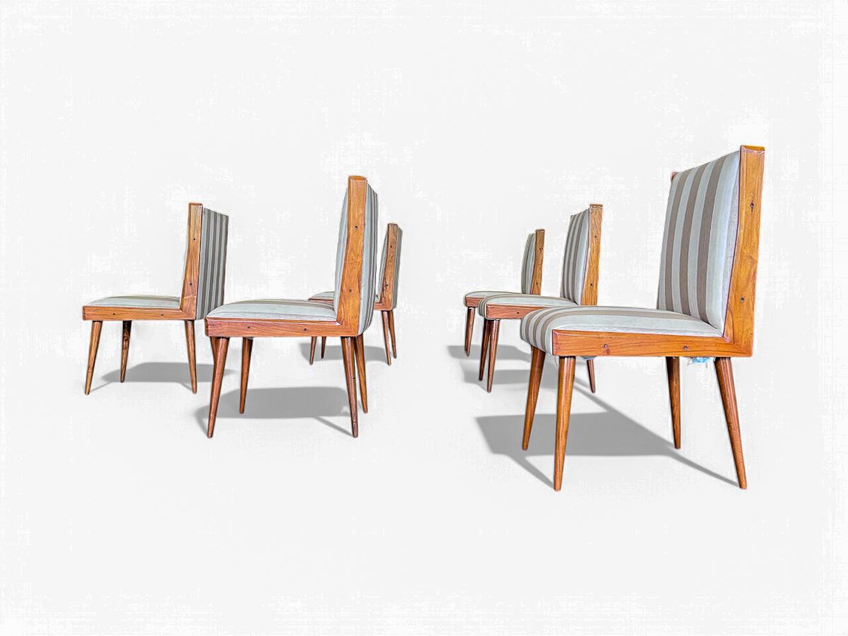 Tessuto Set di 6 sedie da pranzo in legno duro e tessuto di Giuseppe Scapinelli, 1950 ca. in vendita