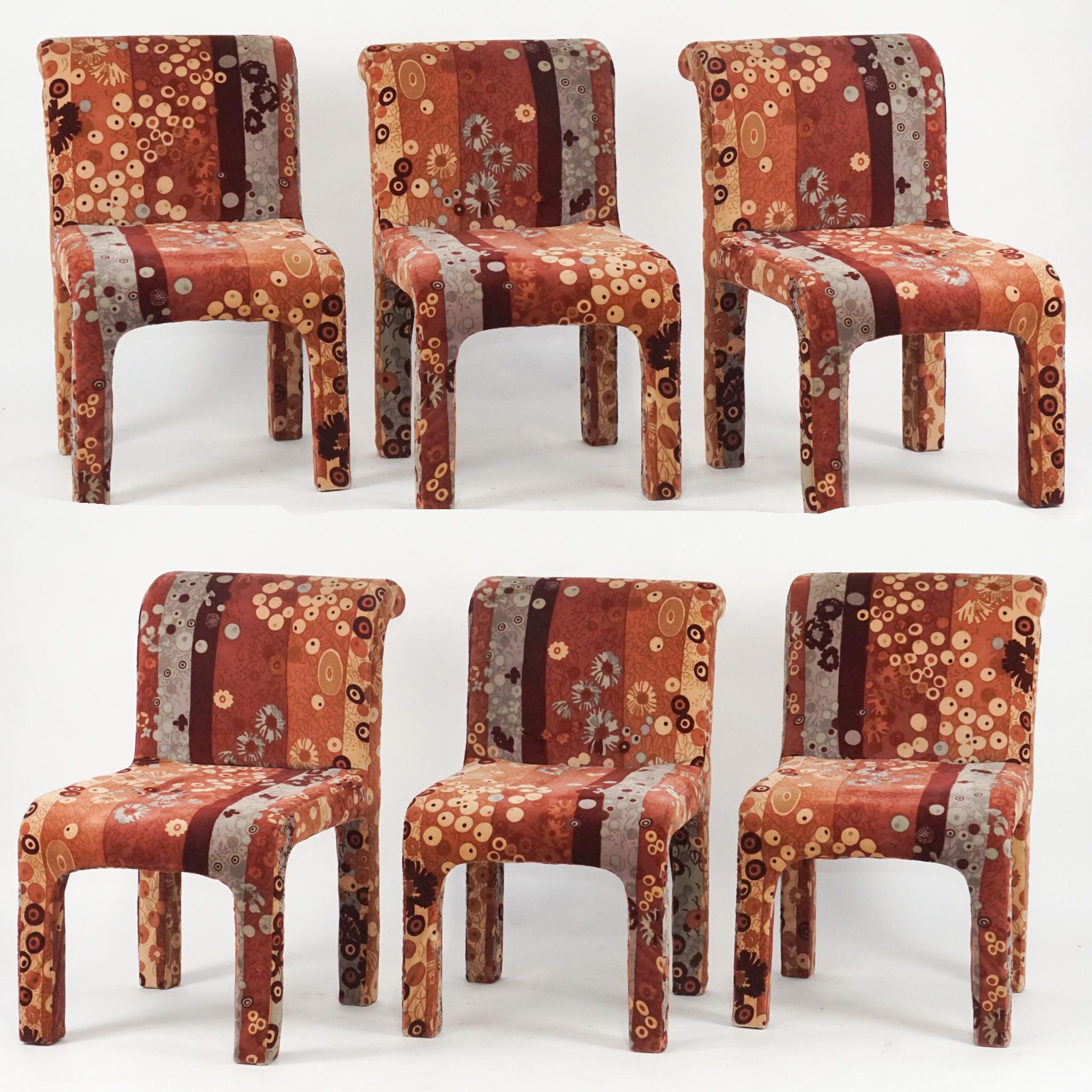 Six amazing dining chairs manufactured by Dillingham and upholstered in a stunning Jack Leonor Larsen velvet upholstery. These make amazing dining or occasional chairs. Upholstery in good condition but seat cushions could use new foam due to age.