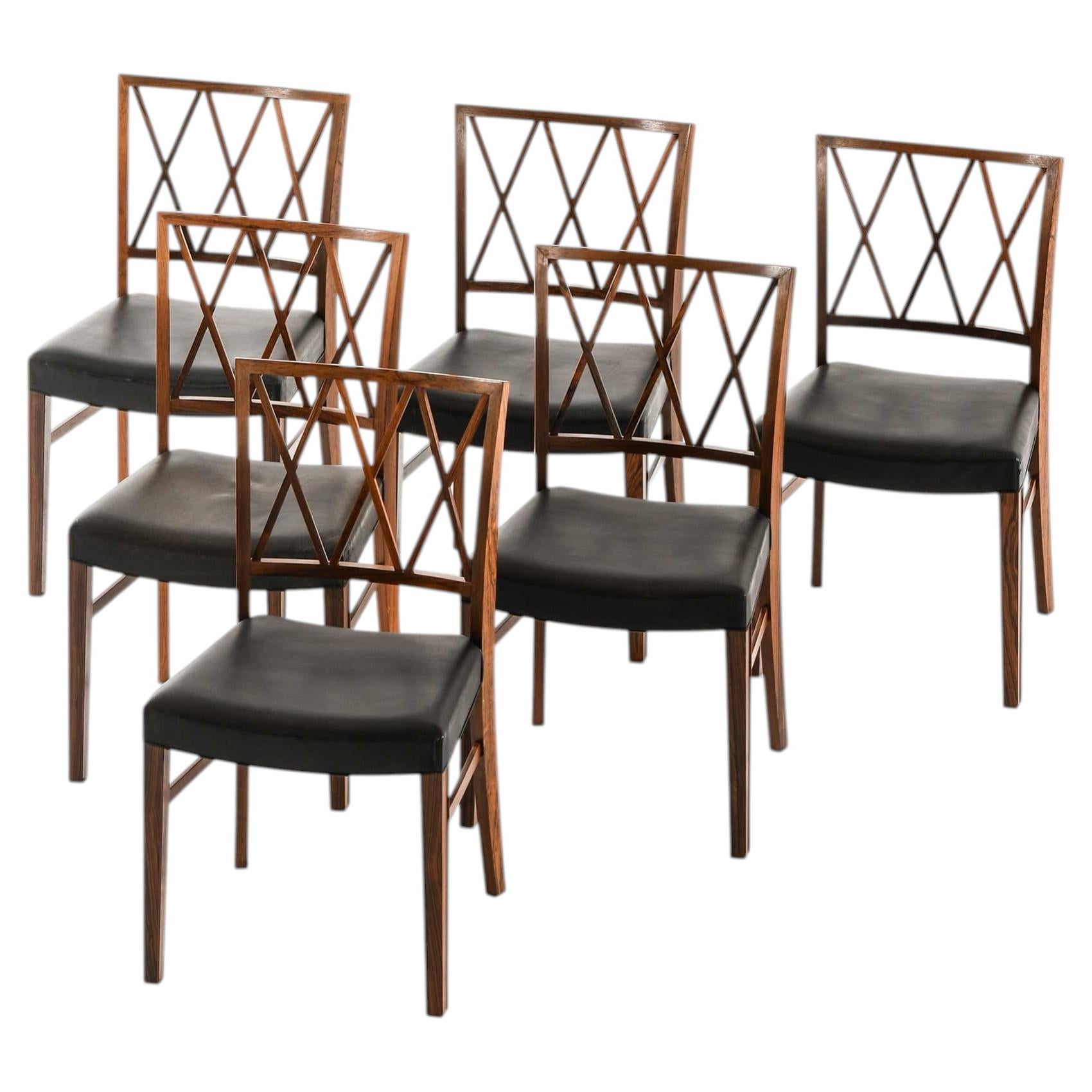 Set of 6 Dining Chairs in Leather and Rosewood by Ole Wanscher, 1950s