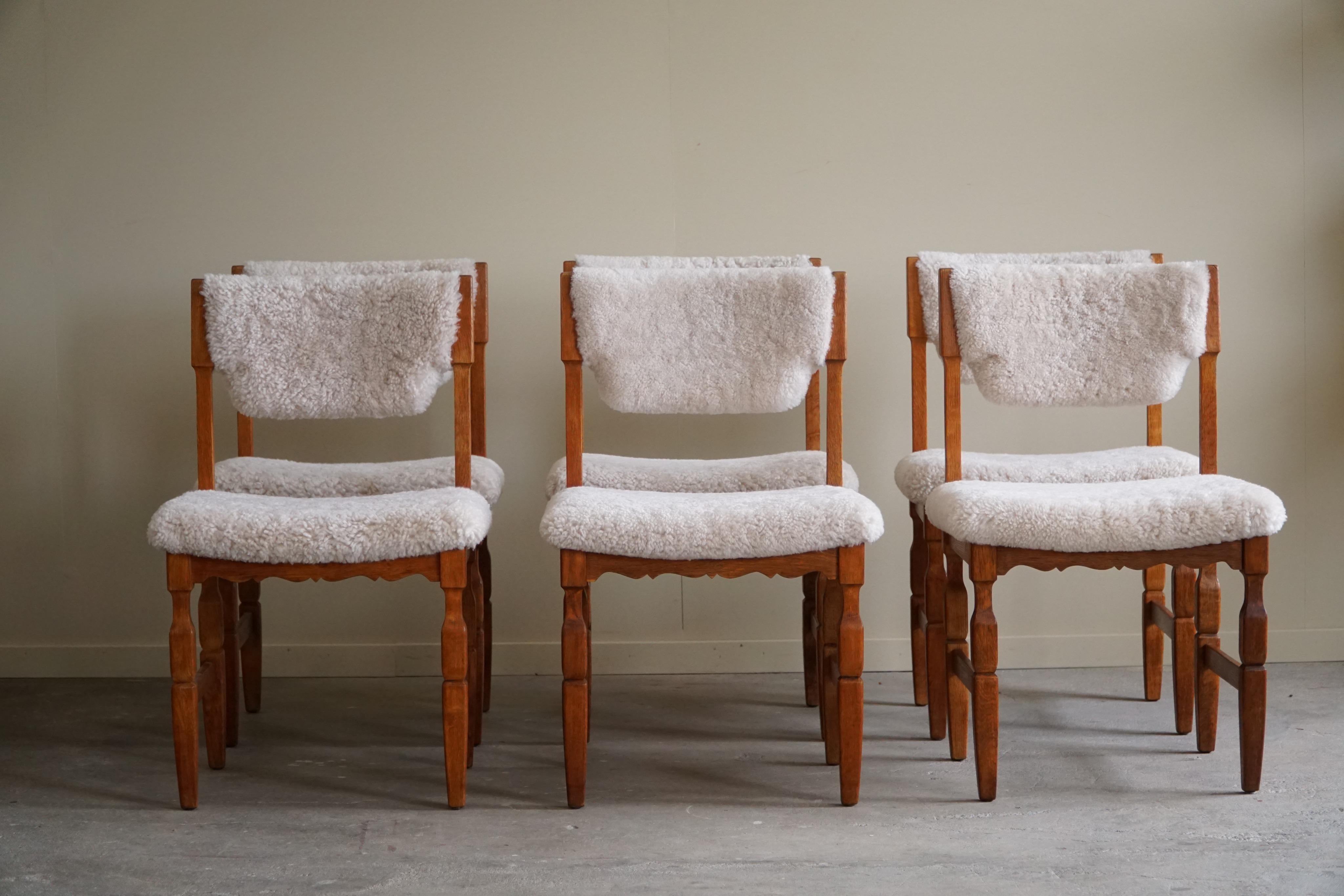 Ensemble de 6 chaises de salle à manger danoises mi-siècle moderne en chêne et laine d'agneau, années 1960 en vente 10