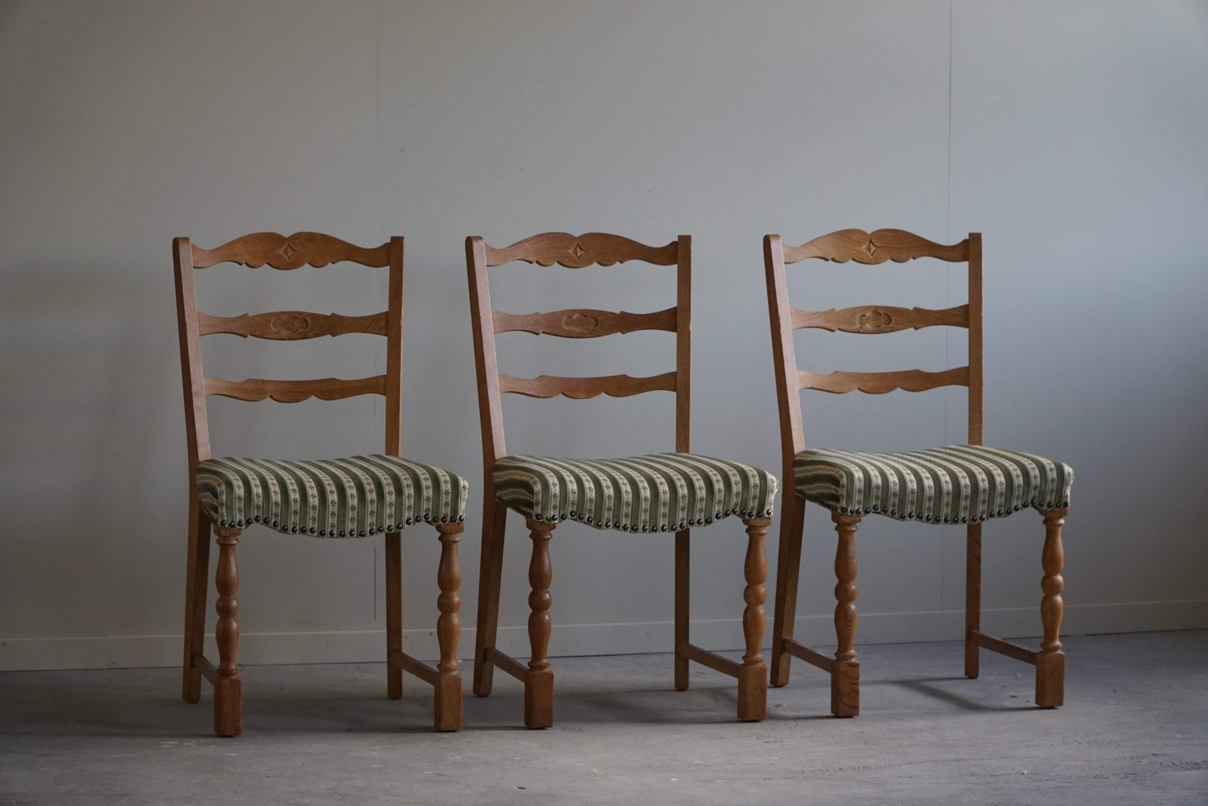 20th Century Set of 6 Dining Chairs in Oak & Vintage Fabric, Danish Modern, 1960s