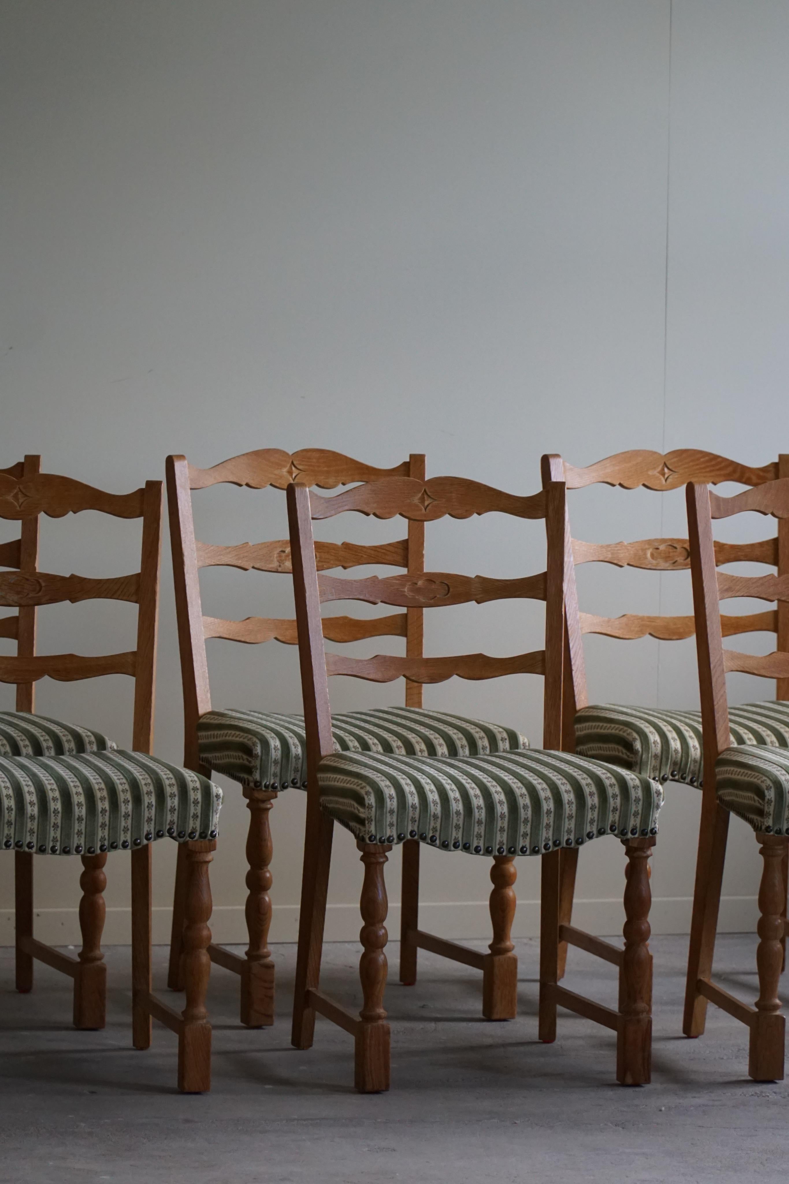 Set of 6 Dining Chairs in Oak & Vintage Fabric, Danish Modern, 1960s 3