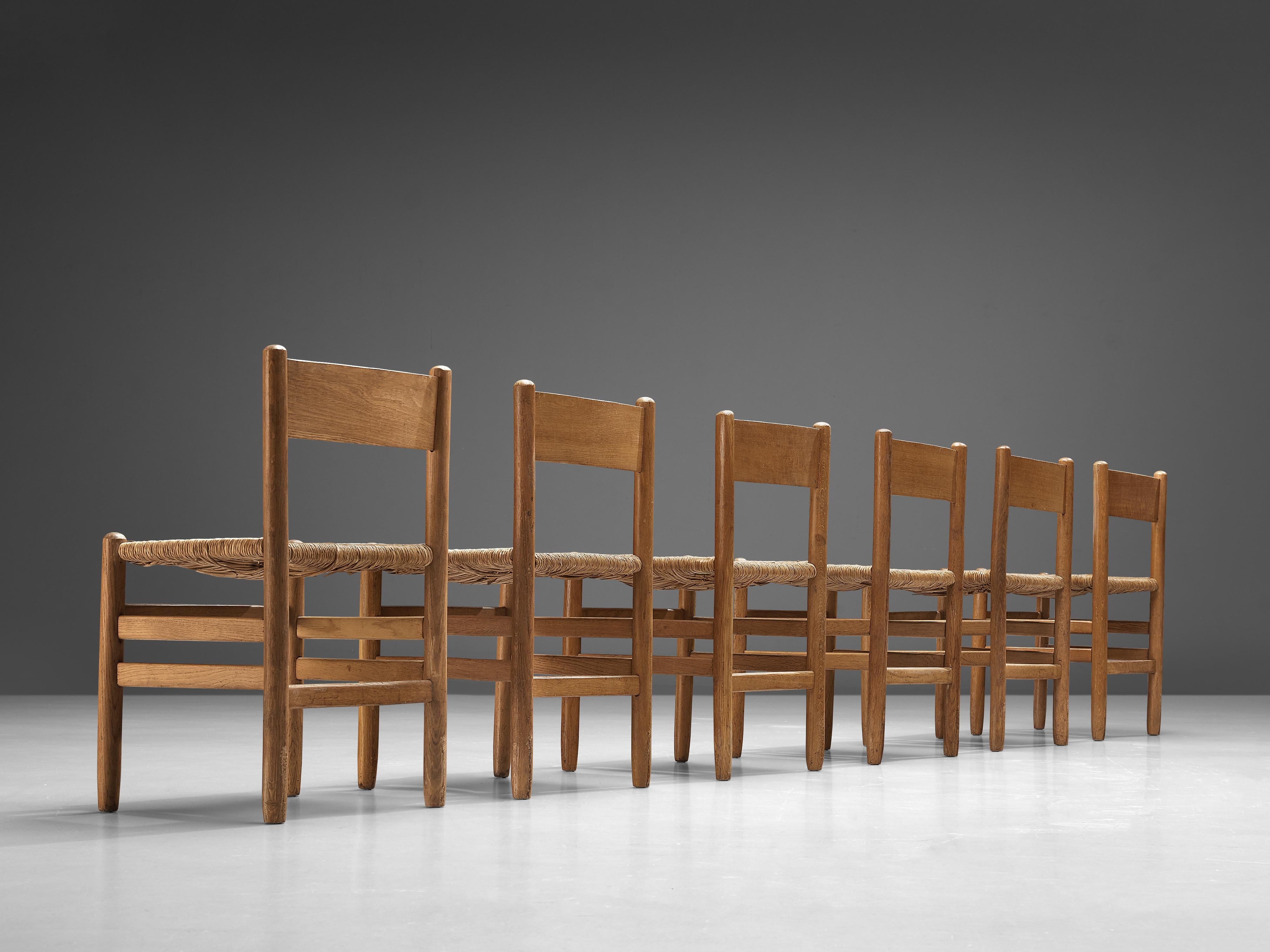 European Set of 6 Dining Chairs in Oak with Rush Seating