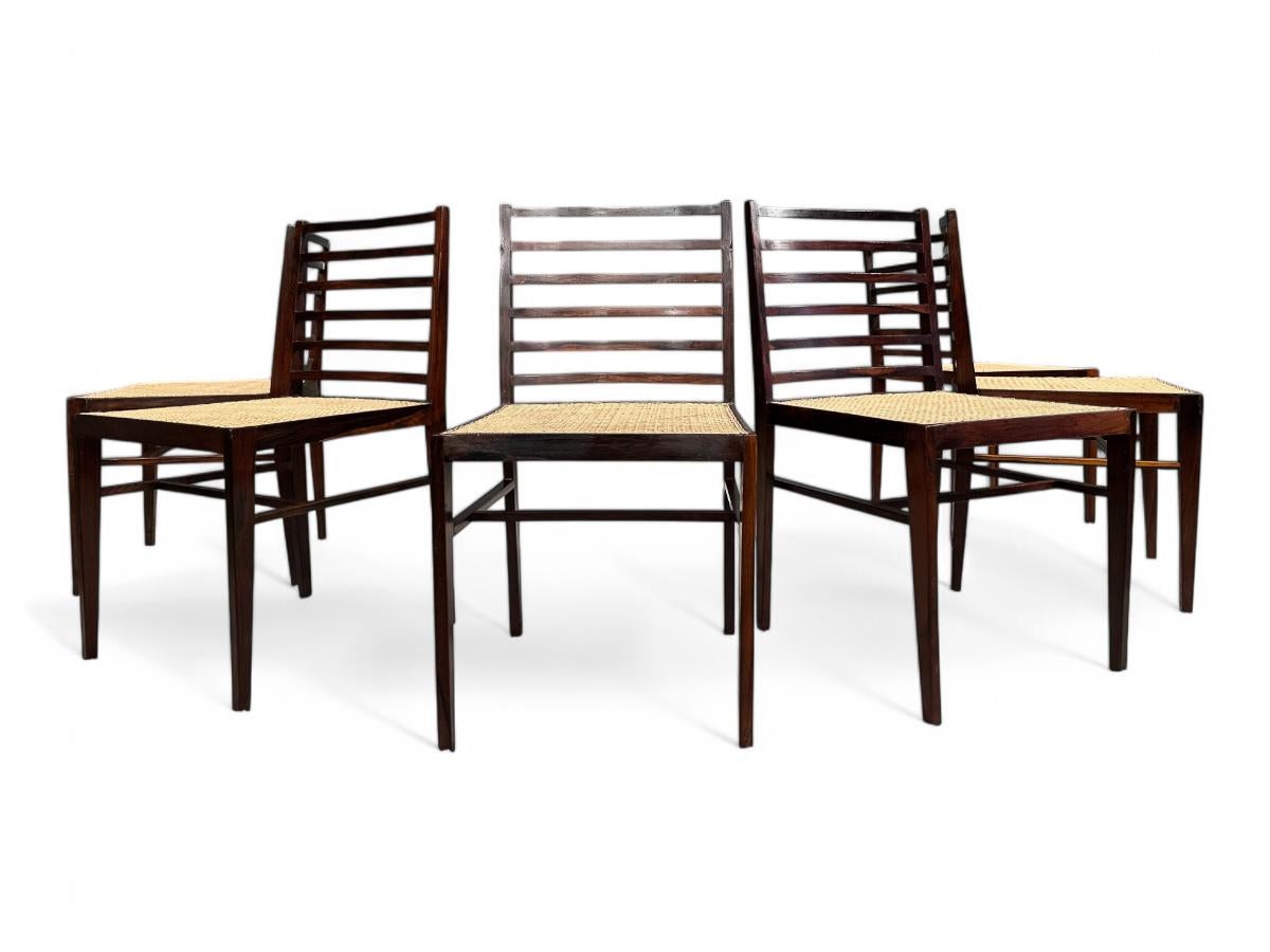 Mid-Century Modern Set of 6 Dining Chairs in Rosewood & Caning, Att. to Joaquim Tenreiro, 1960s