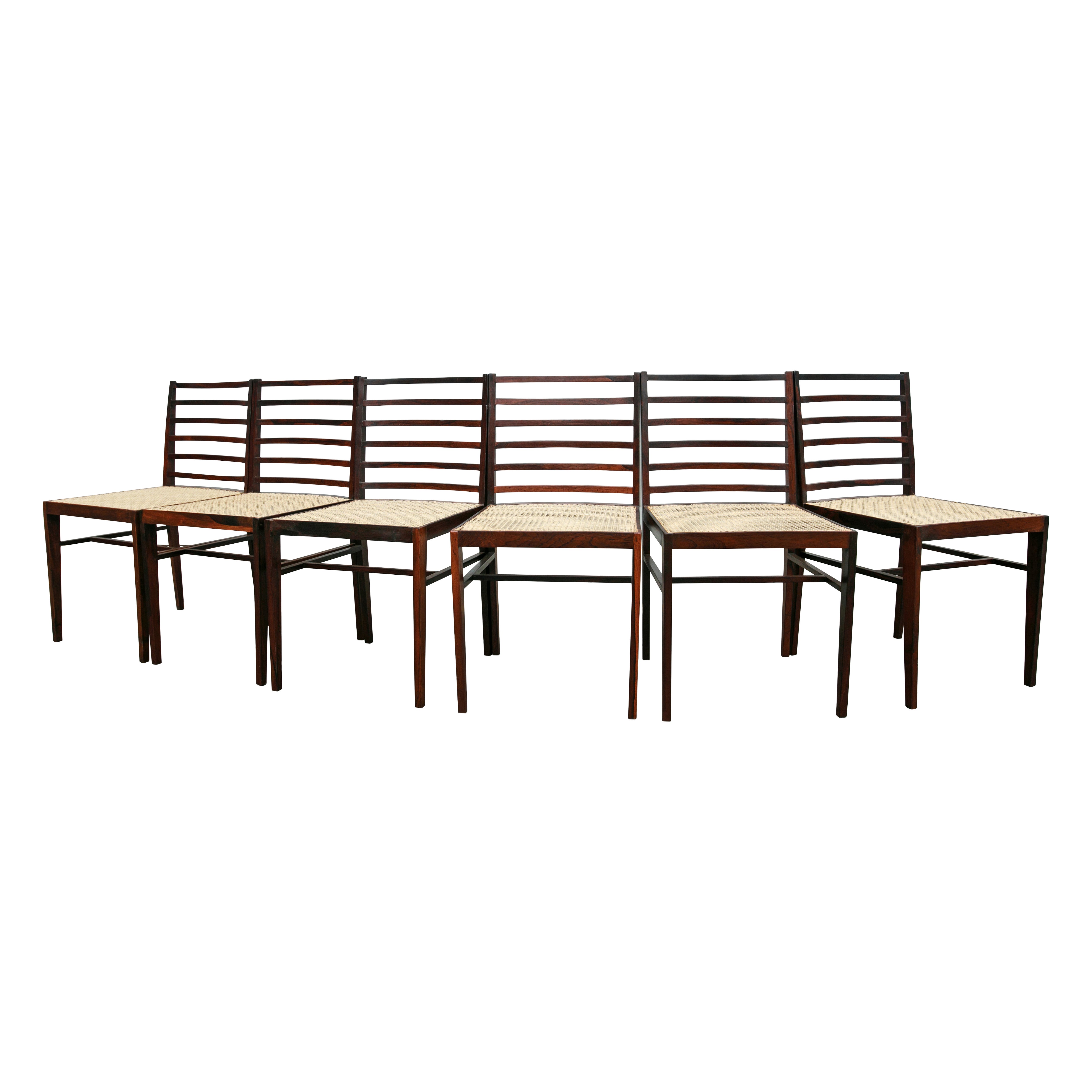 Set of 6 Dining Chairs in Rosewood & Caning, Att. to Joaquim Tenreiro, 1960s In Good Condition In New York, NY